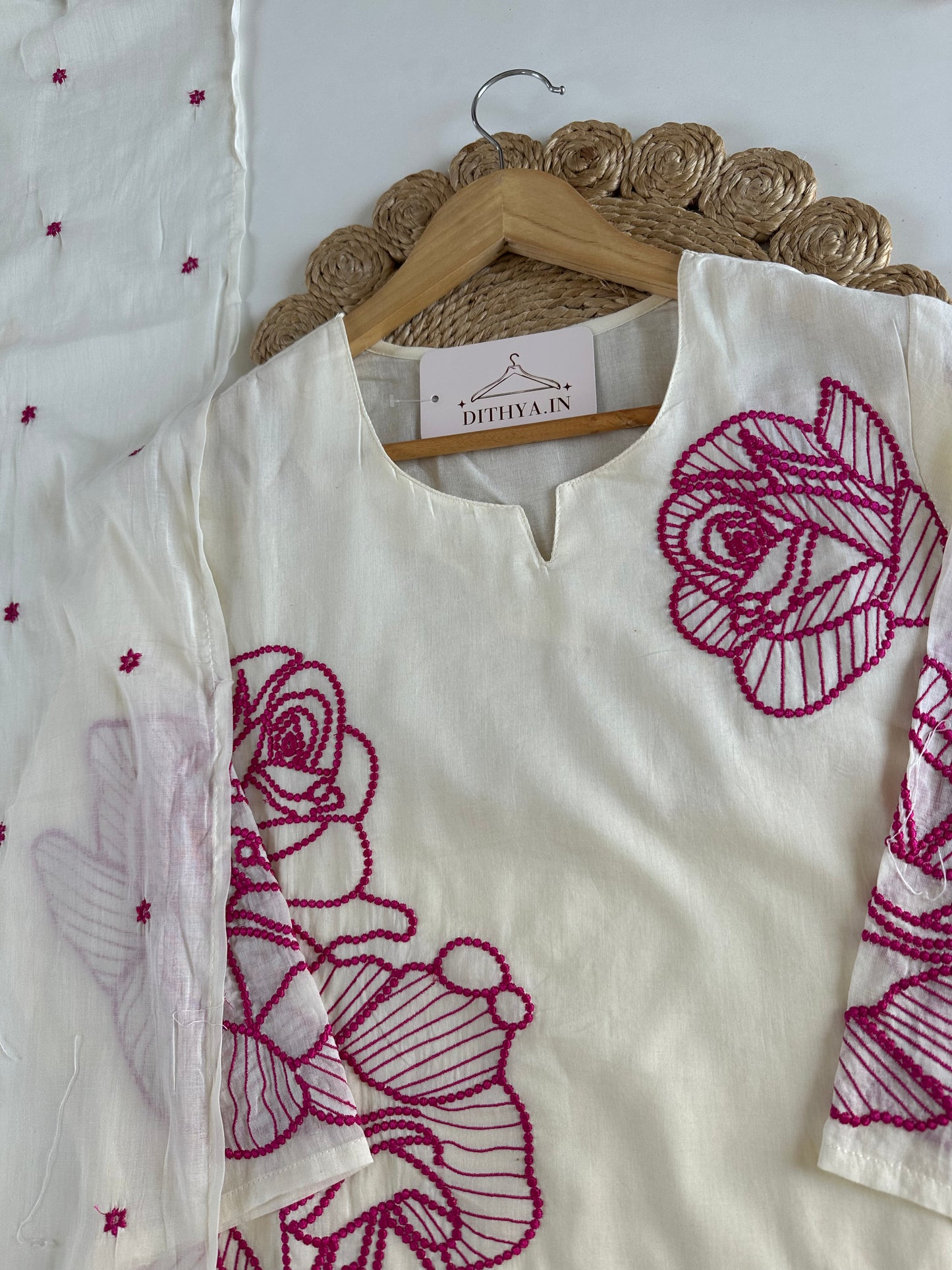 K449 - Mul cotton embroidered Aline Kurti with pants and dupatta