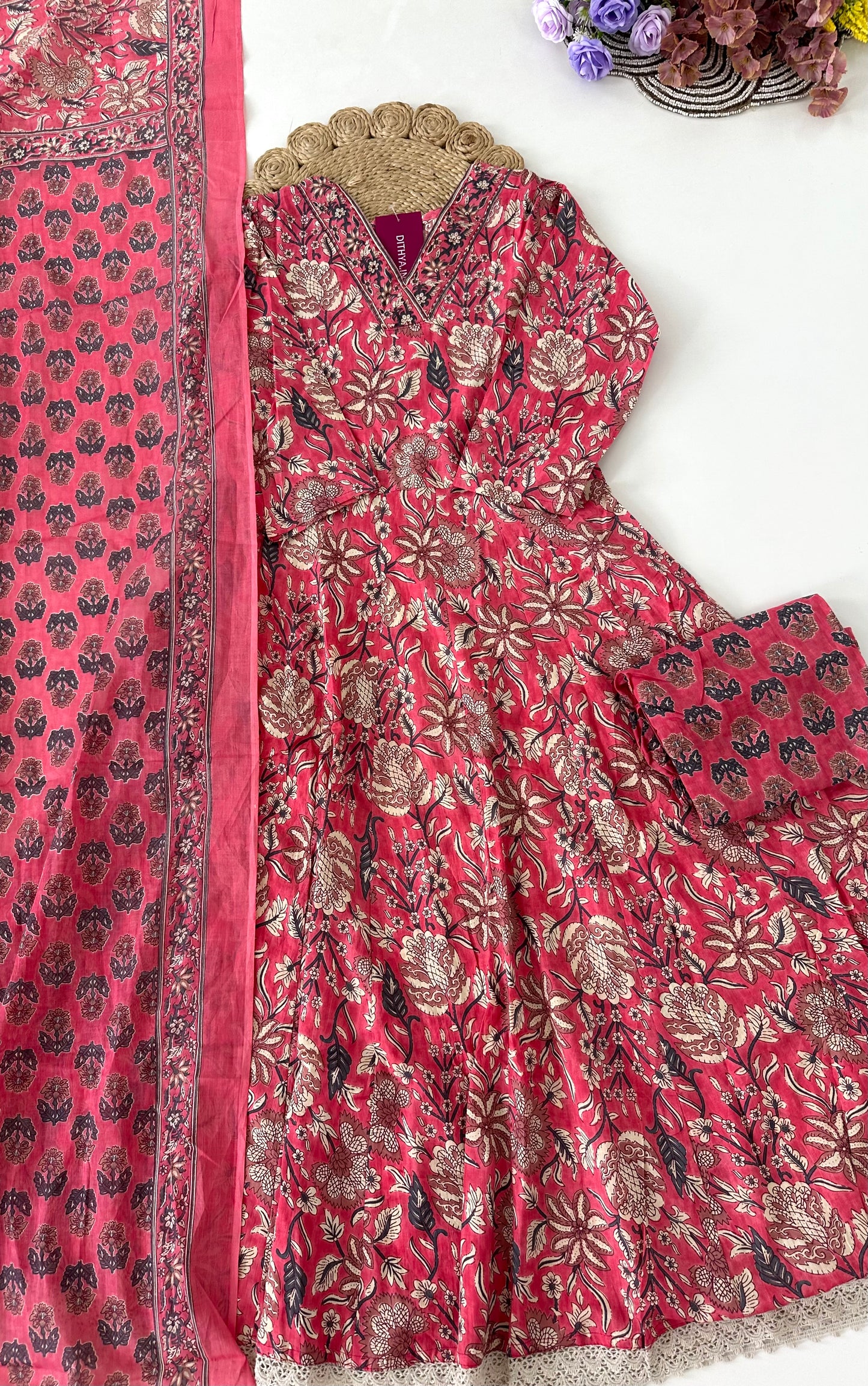 K103 - Cotton floral Anarkali with pants and dupatta