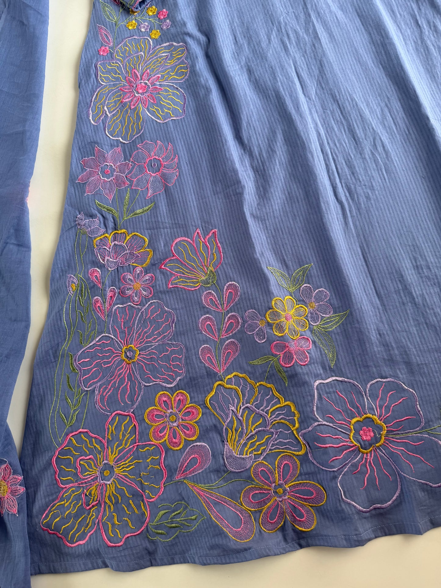 K235 - Mul cotton embroidered Aline Kurti with pants and dupatta