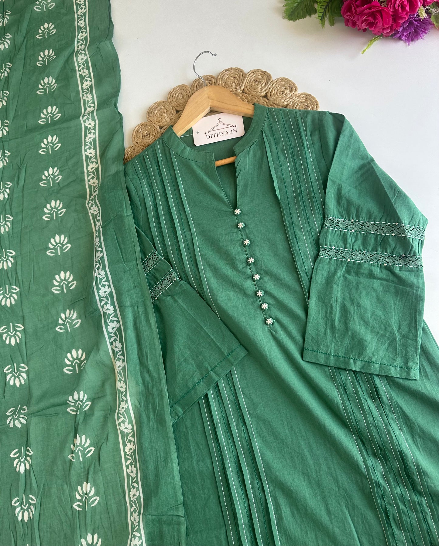 K213 - Mul cotton embroidered Aline Kurti with pants and dupatta