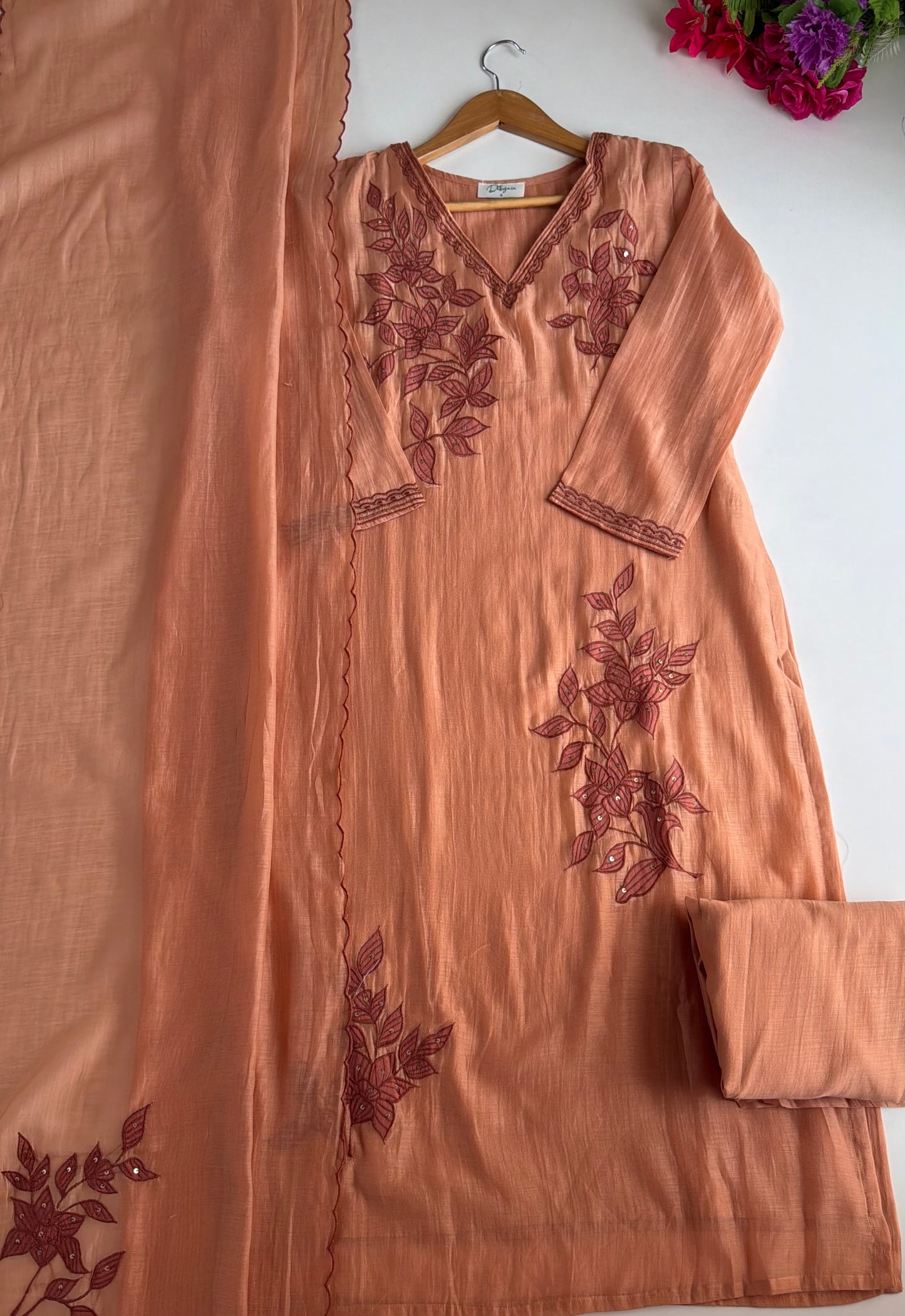 K567 - Mul chanderi embroidered straight Kurti with pants and dupatta