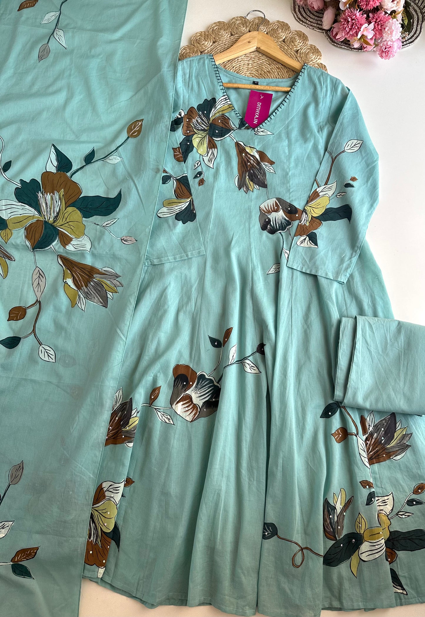 K353 - Mulmul cotton floral Anarkali with pants and dupatta