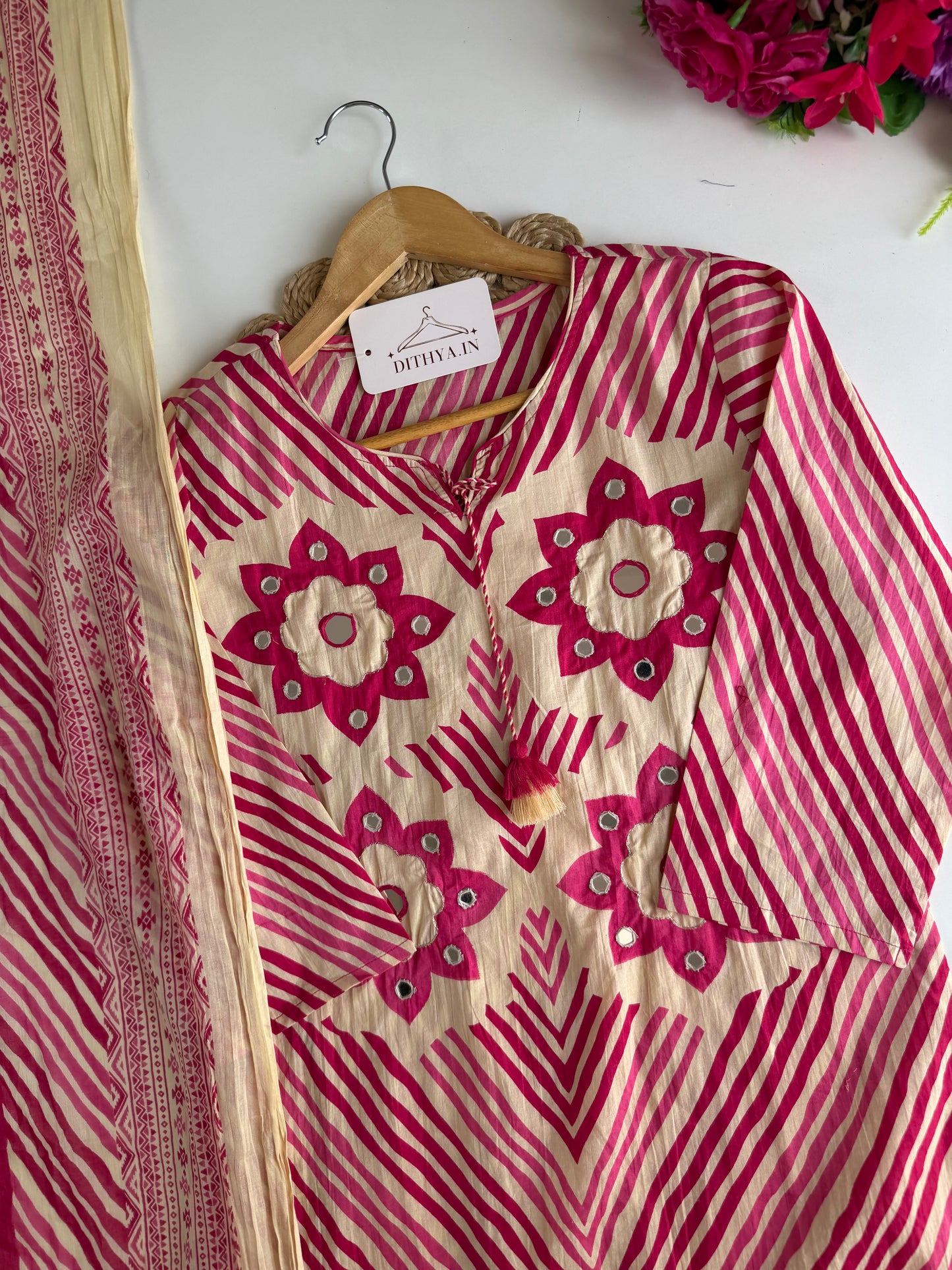 K725 - Mul cotton embroidered straight  Kurti with pants and dupatta