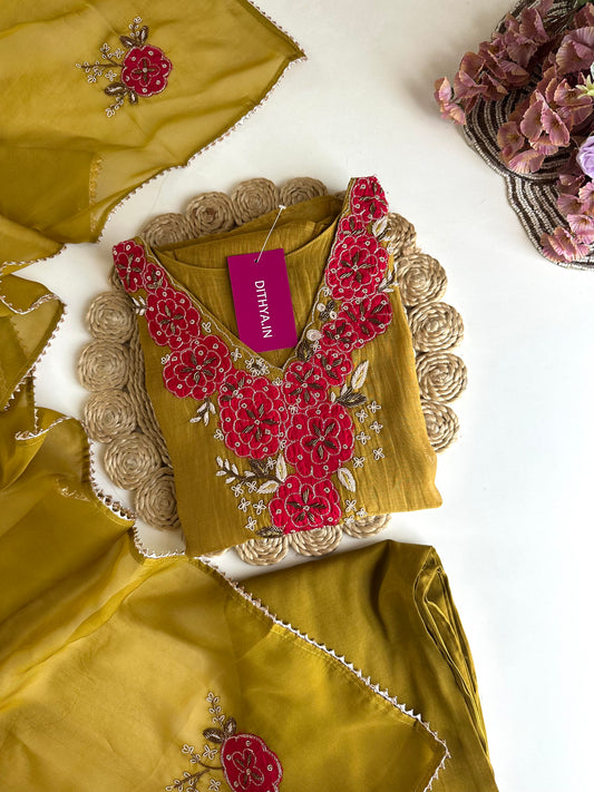 K167 - Pure mul Chanderi handwork Aline Kurti with pants and dupatta