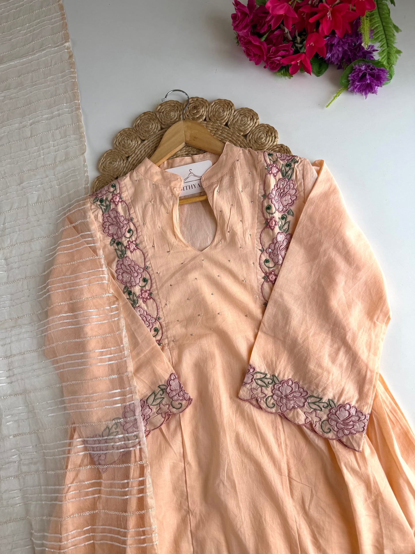 K727 - Mul cotton embroidered Aline Kurti with pants and dupatta