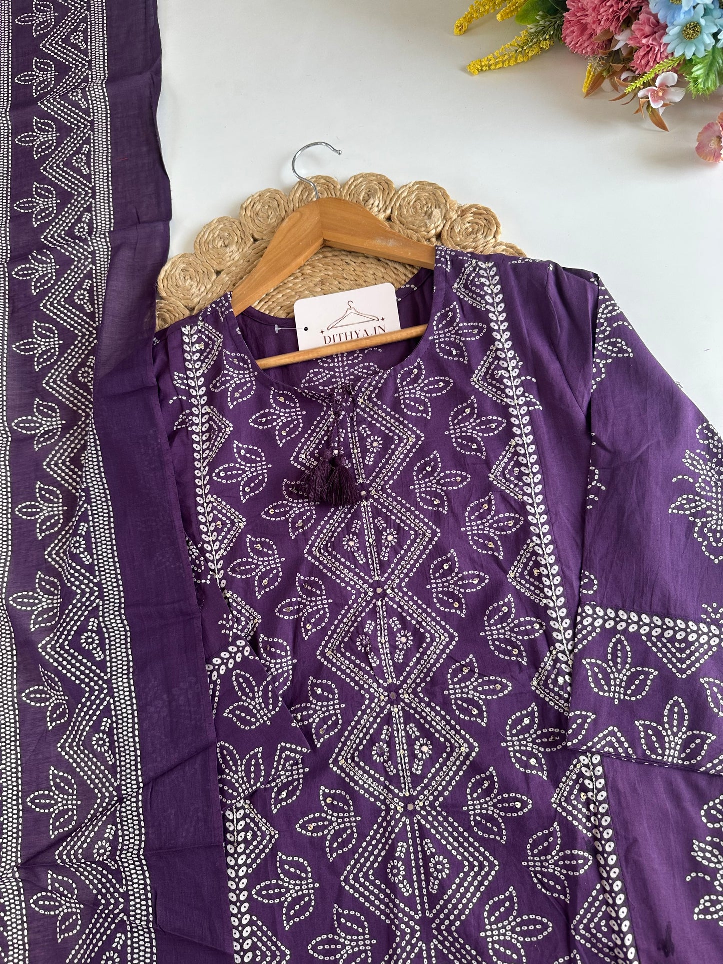 K446 - Mul cotton printed Aline Kurti with pants and dupatta