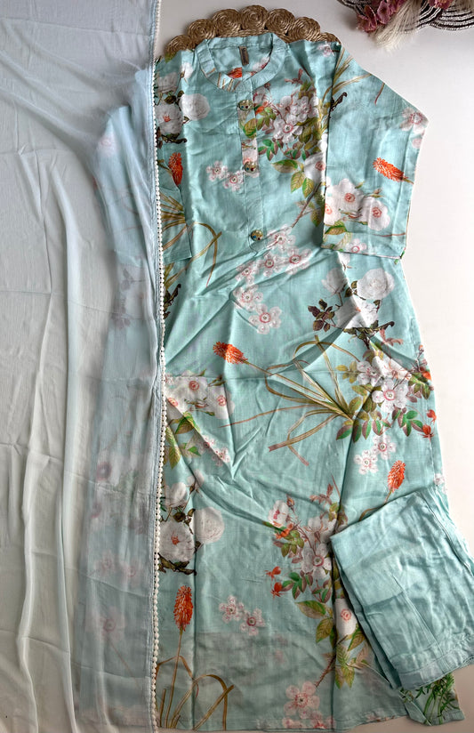 D341 - Muslin silk straight kurti with pants and dupatta