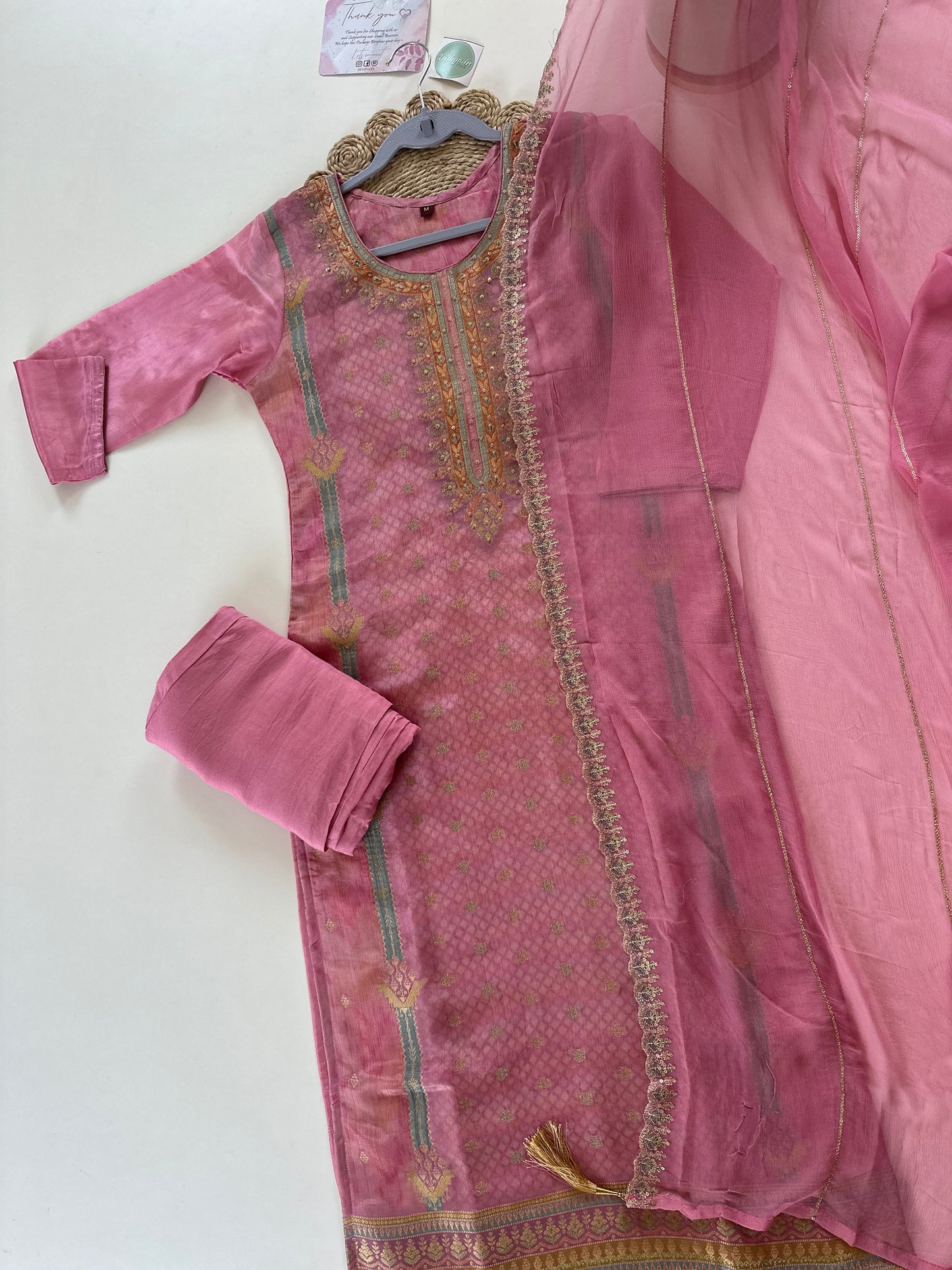 K260 - Tissue with Self straight kurti with straight pants and organza dupatta