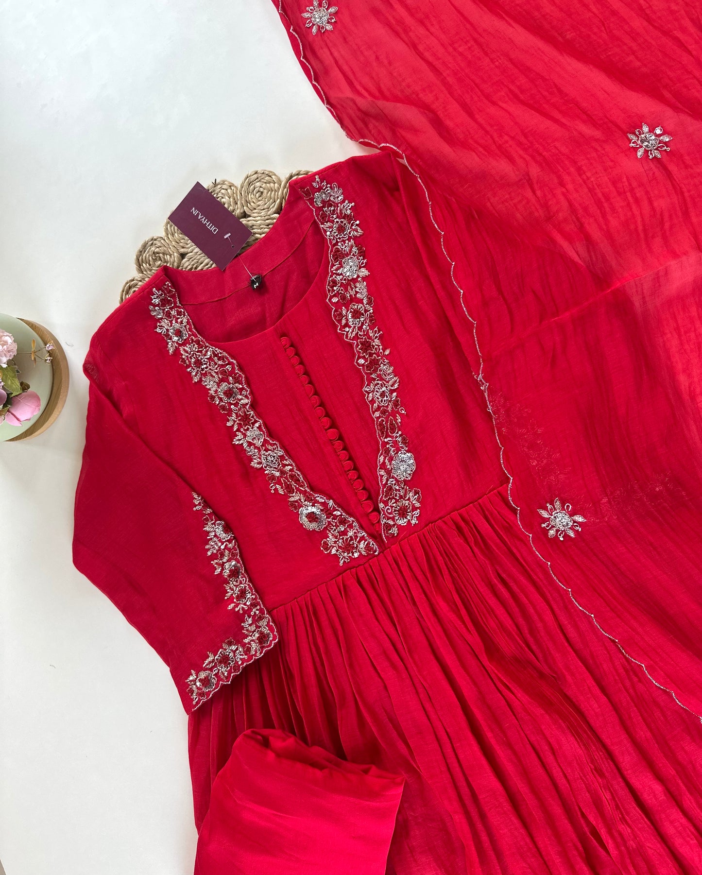 K007 - Pure mul Chanderi Handwork Anarkali With pants and dupatta in 4 colours .