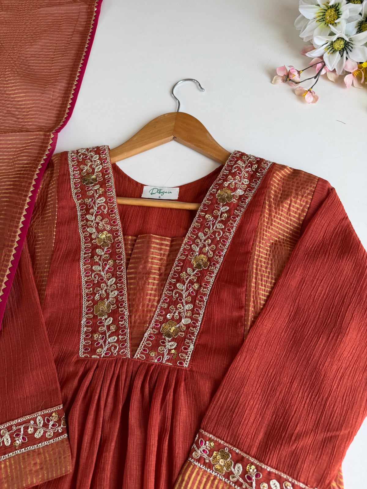 K339 - Crushed Surat Mul chanderi embroidered Anarkali with pants and dupatta