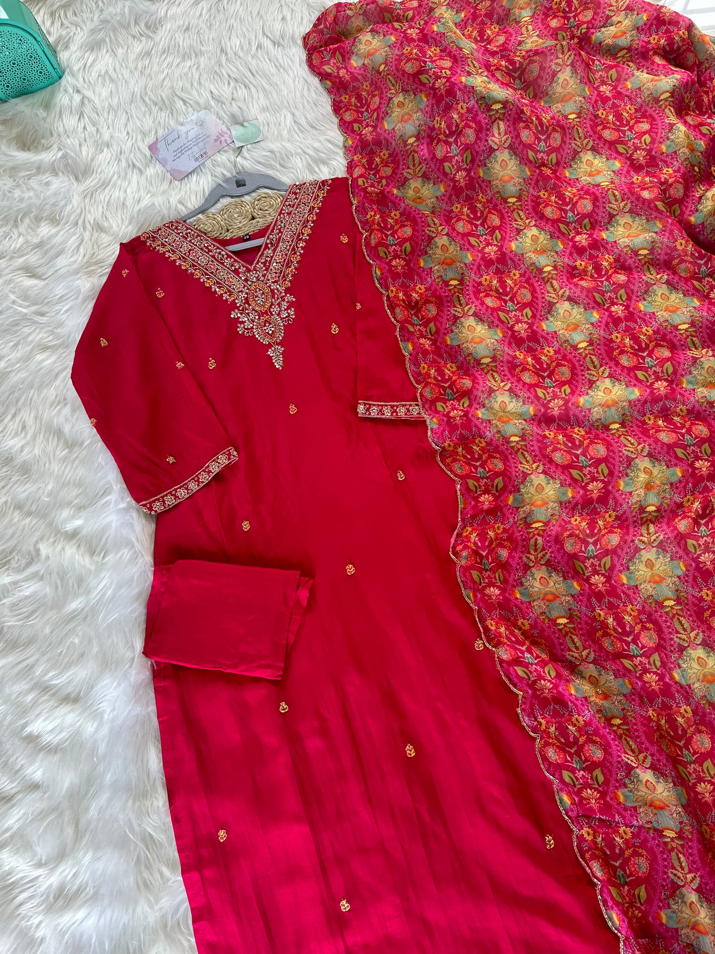 K152-Russian silk kurti with pants and dupatta