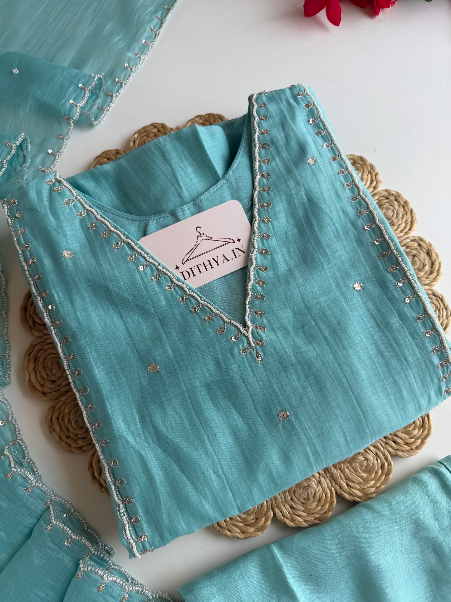 K011 - Mul chanderi pearl work aline Kurti with pants and dupatta