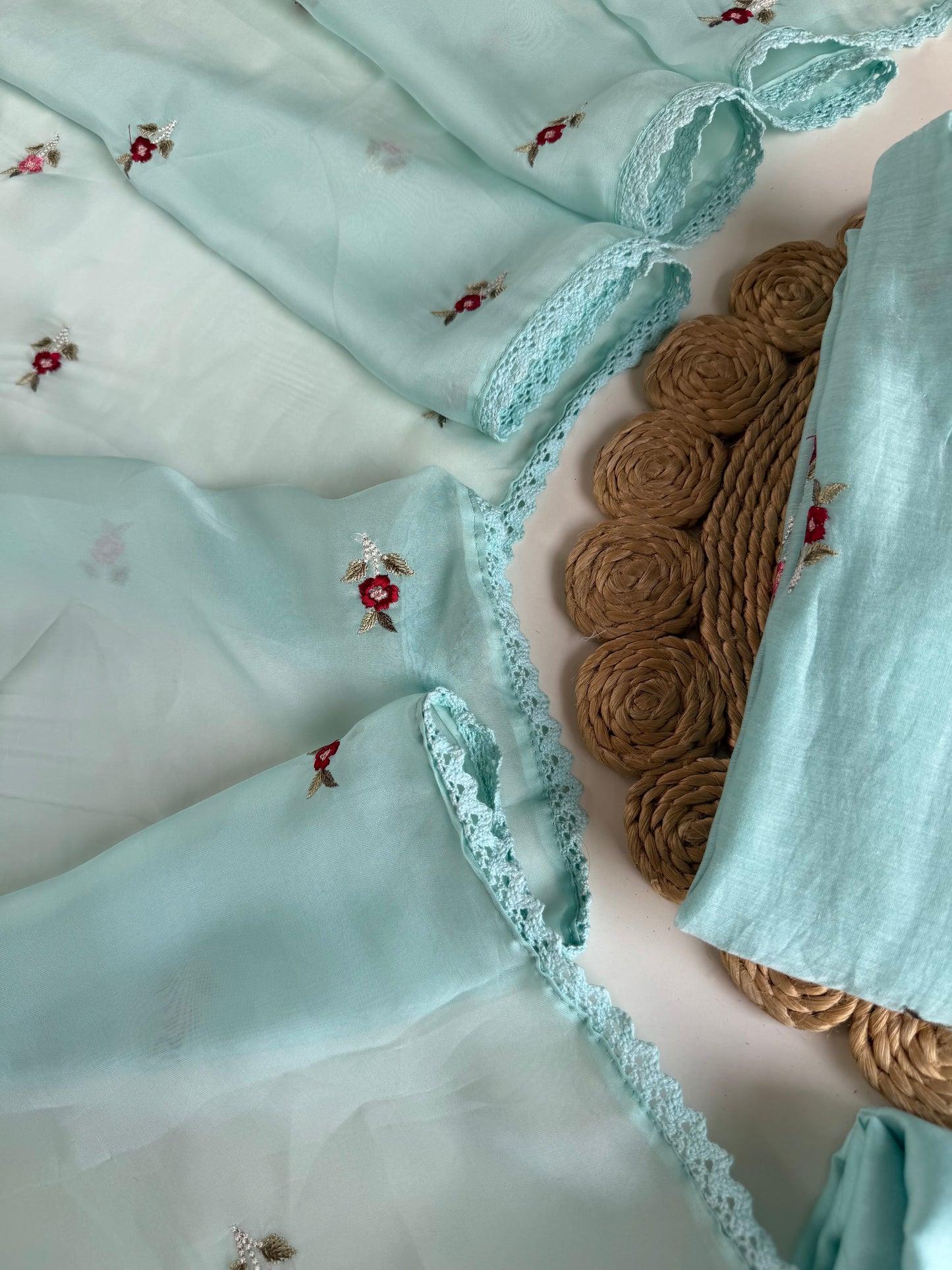 K631 - Mul chanderi intricate embroidery Aline Kurti with pants and dupatta