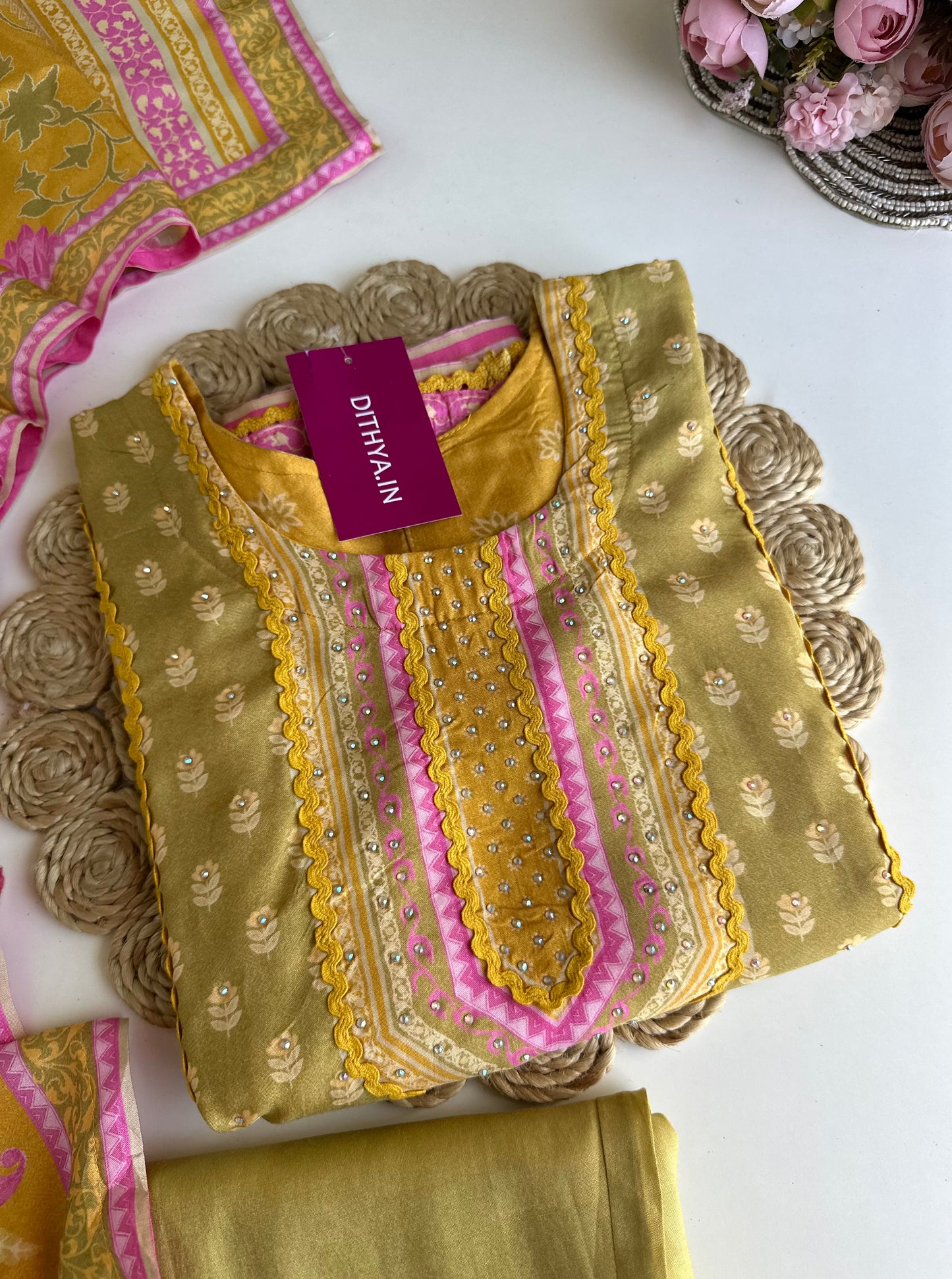 K382 - Muslin printed straight Kurti with pants and dupatta
