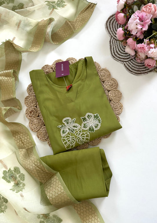 K218 - Roman silk thread work straight Kurti with pants and dupatta in 2 colours