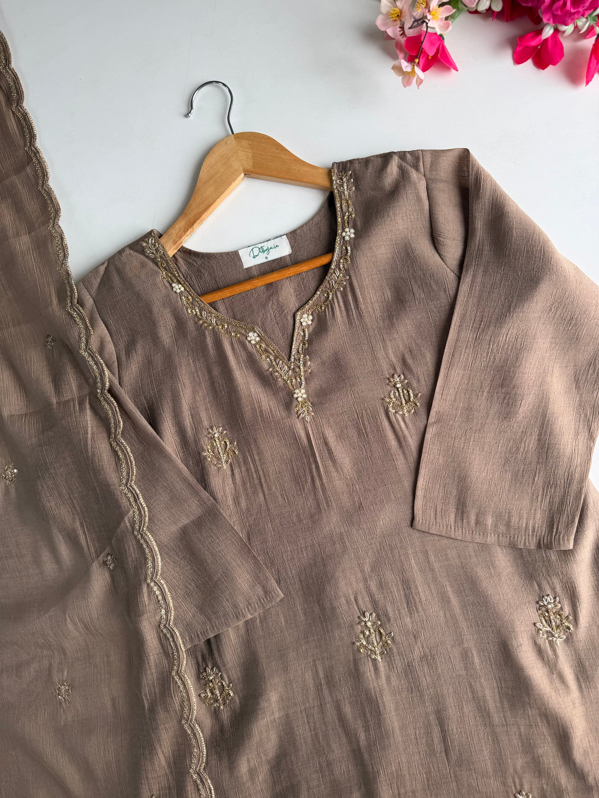 K030 - Surat Mul chanderi handwork aline Kurti with pants and dupatta