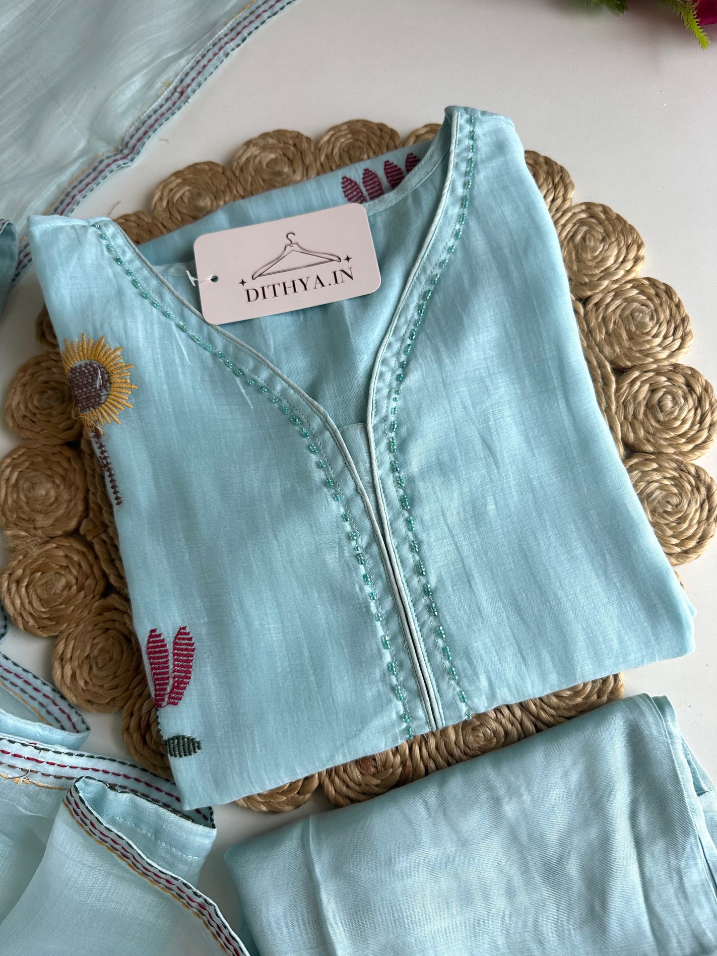 K473 - Muslin cotton embroidered straight Kurti with pants and dupatta