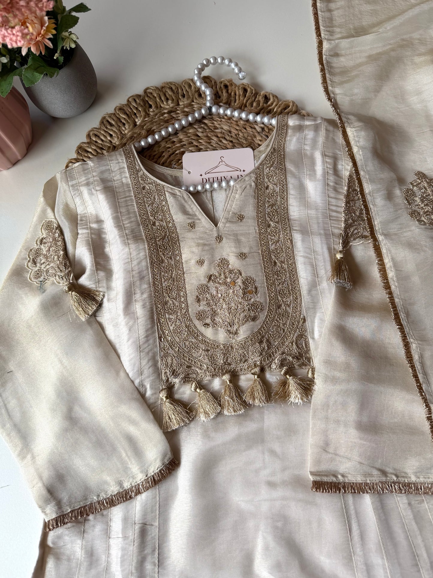 K229 - Tissue silk zari work Aline Kurti with pants and dupatta