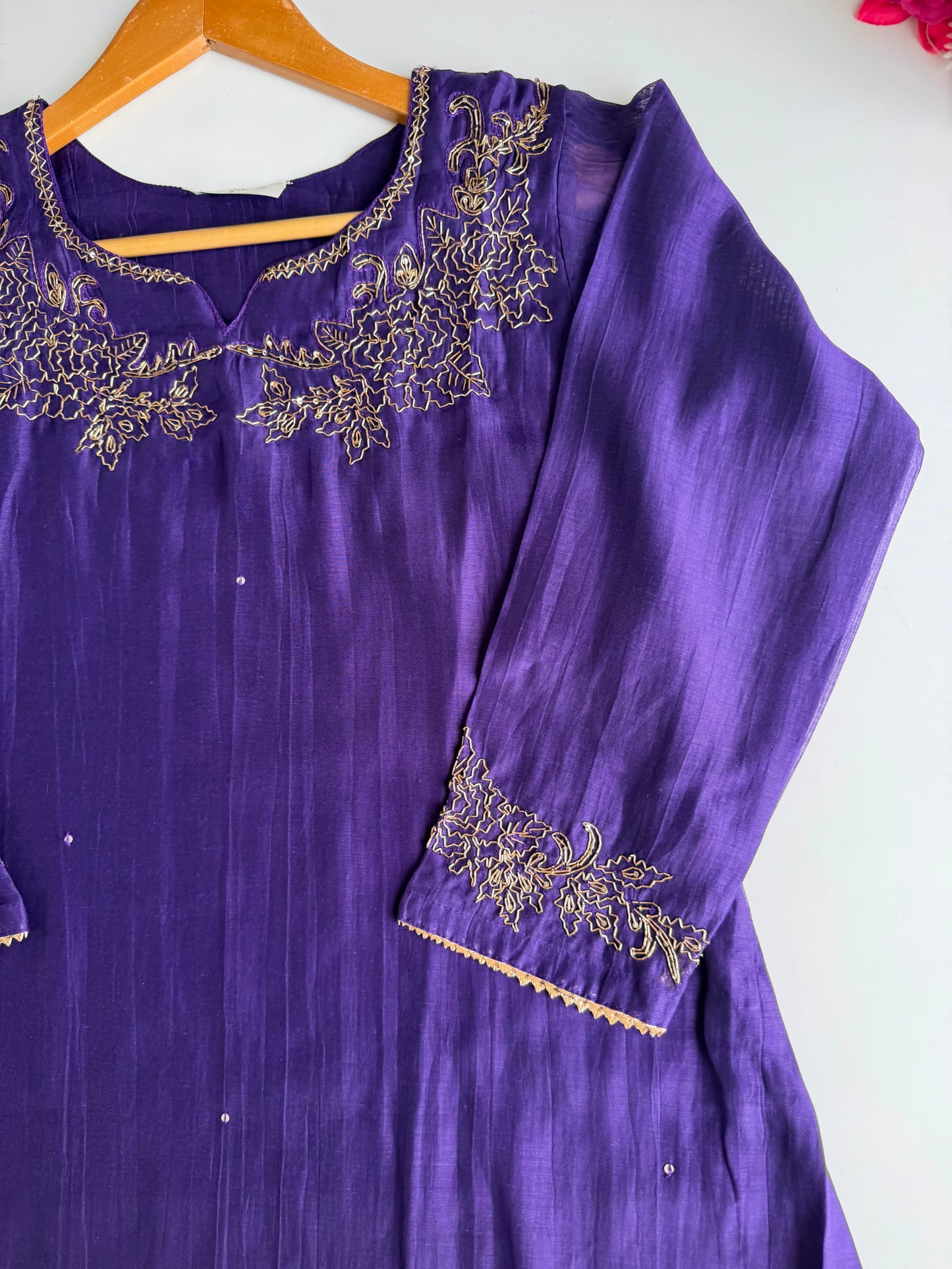 K553 - Mul chanderi handwork aline Kurti with pants and dupatta