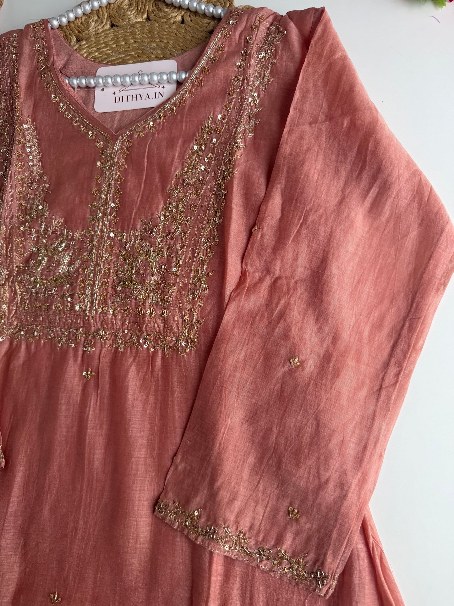 K372 - Mul chanderi handwork aline Kurti with pants and dupatta