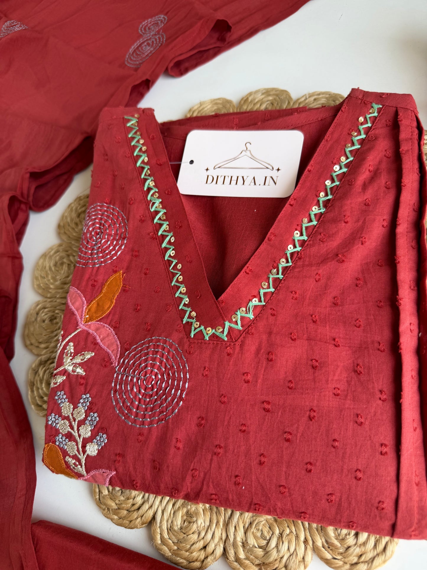 K721 - Mul cotton embroidered Aline   Kurti with pants and dupatta