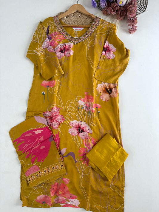 D214 - Muslin silk straight kurti with pants and dupatta
