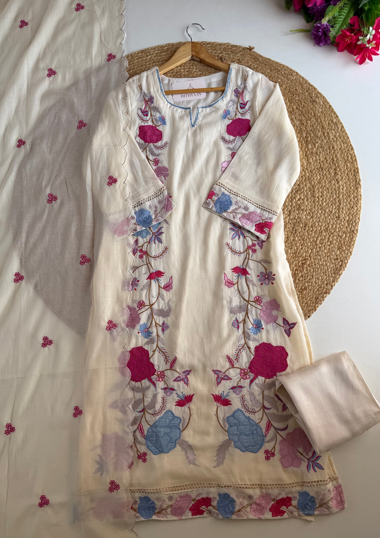 K177 - Mul chanderi appliqué work straight Kurti with pants and dupatta