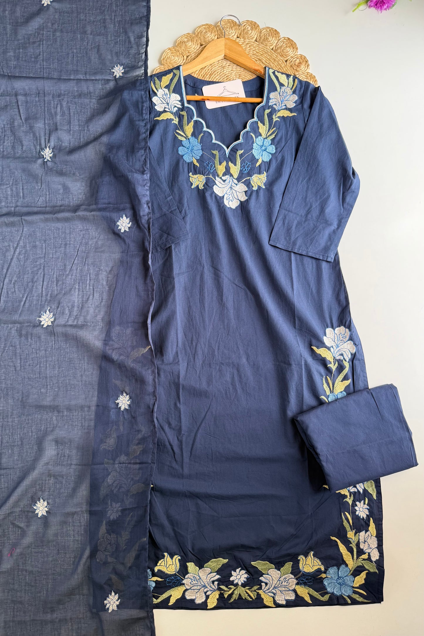 K687 - Mul cotton embroidered straight Kurti with pants and dupatta