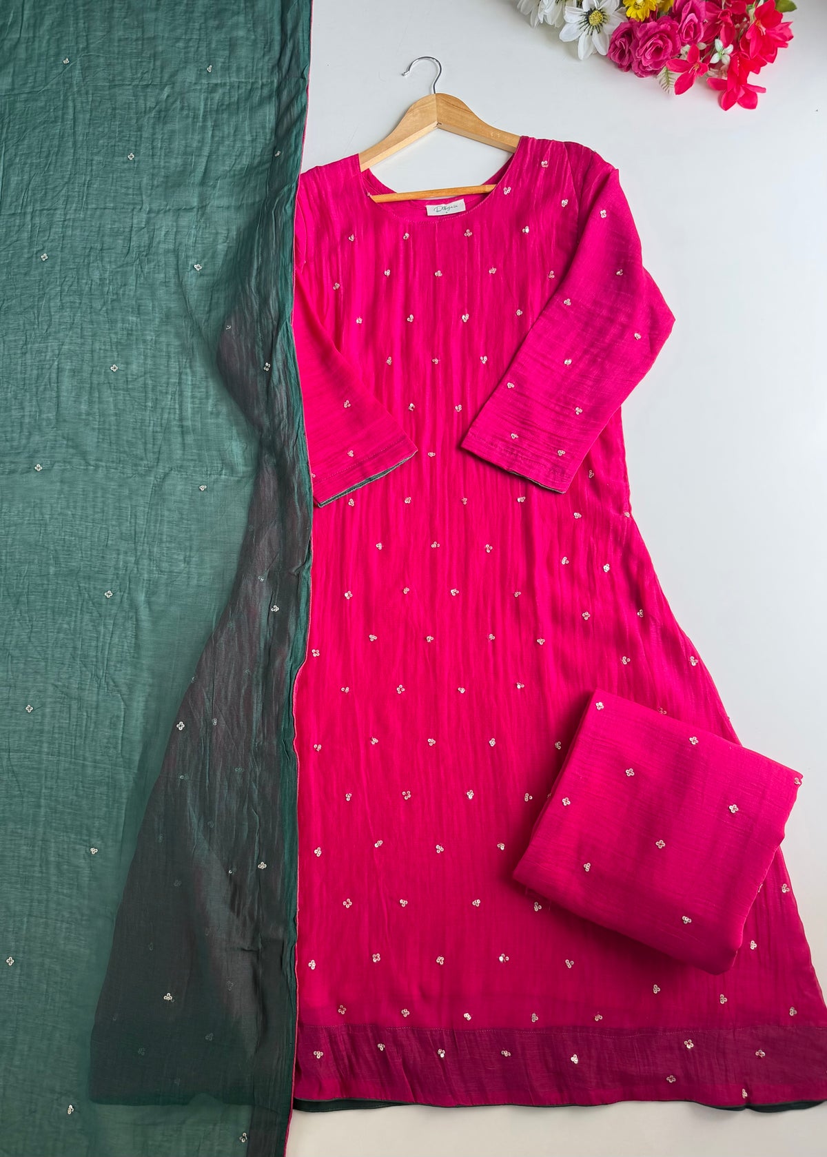 K345 - Mul chanderi handwork aline Kurti with pants and dupatta in 2 colours