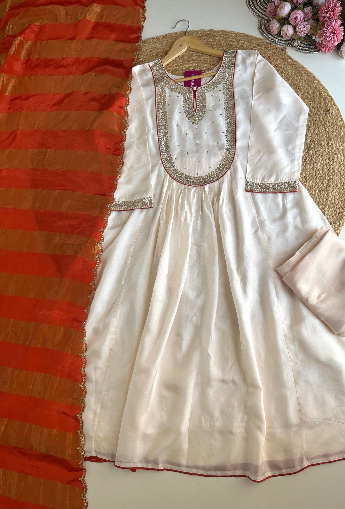 K141 - Russian silk sequins work Aline Kurti with pants and dupatta in 2 colours