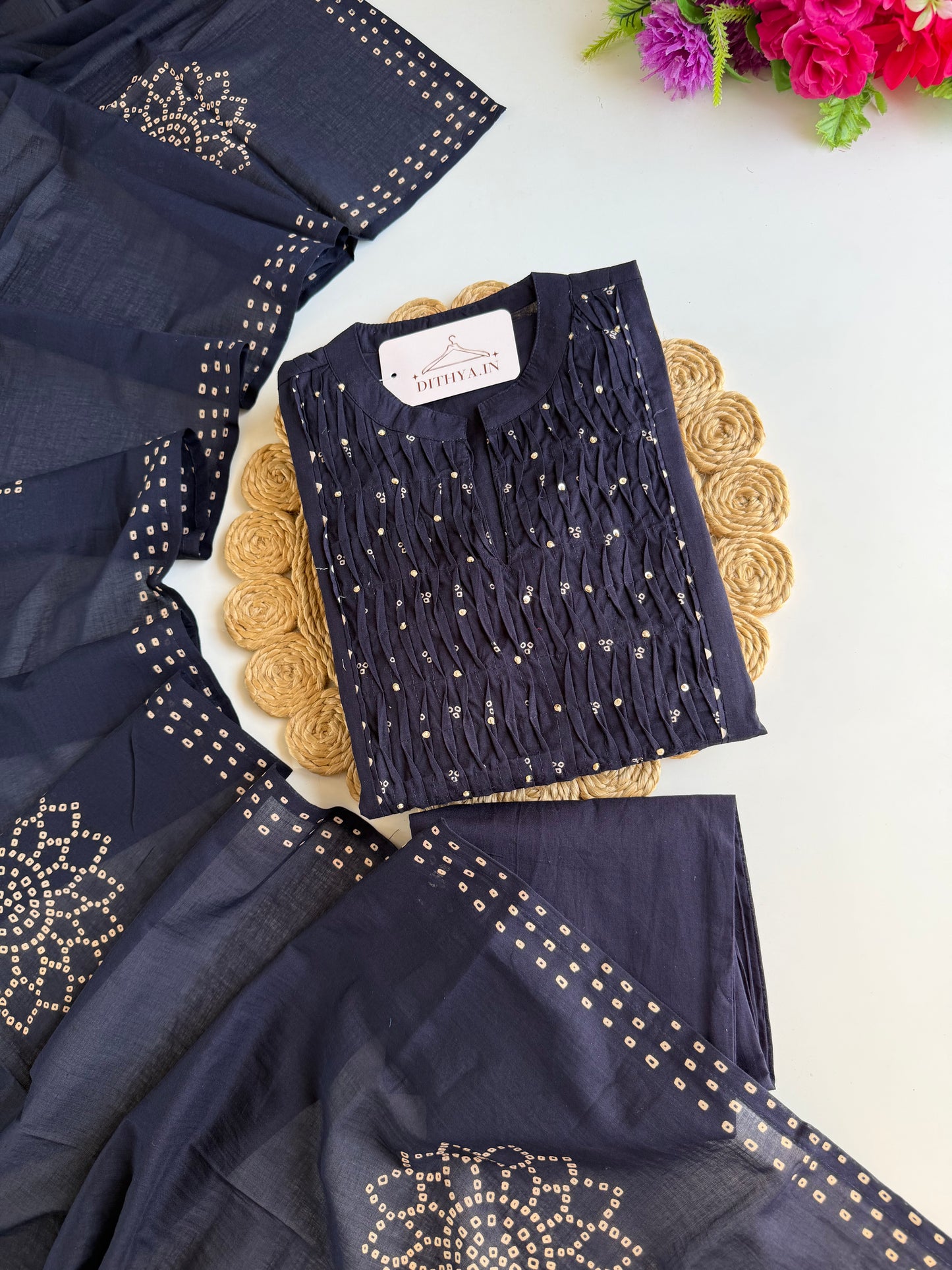 K273 - Mul cotton mirror work Anarkali with pants and dupatta in 4 colours