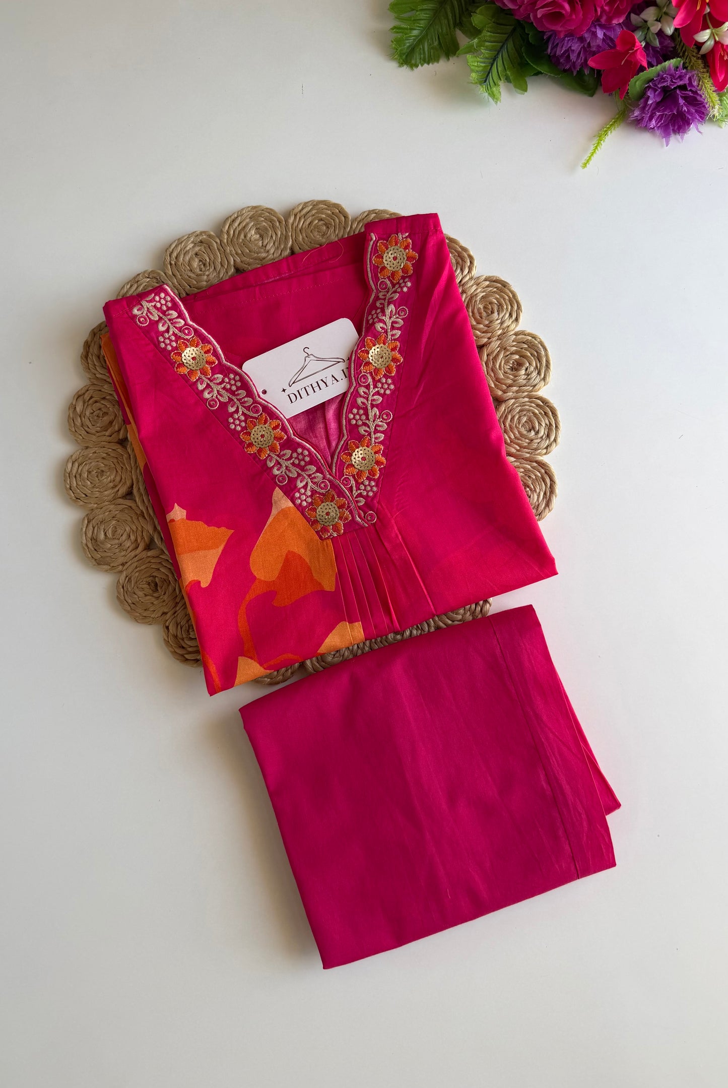 K639 - Mul cotton embroidered Aline Kurti with pants