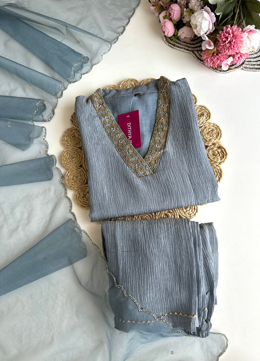 K057 - Crush tissue handwork straight Kurti with pants and dupatta