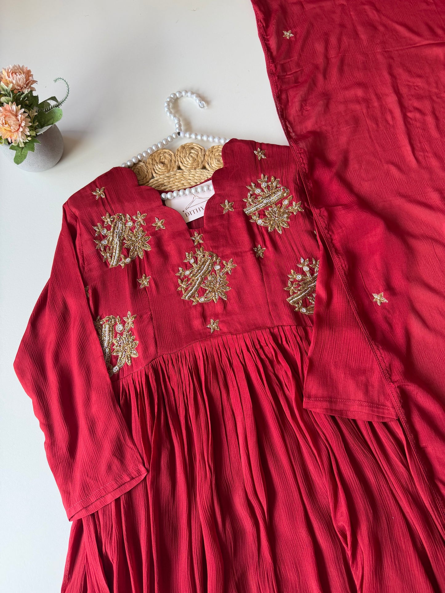 K403 - Chinnon zardosi work Anarkali with pants and dupatta