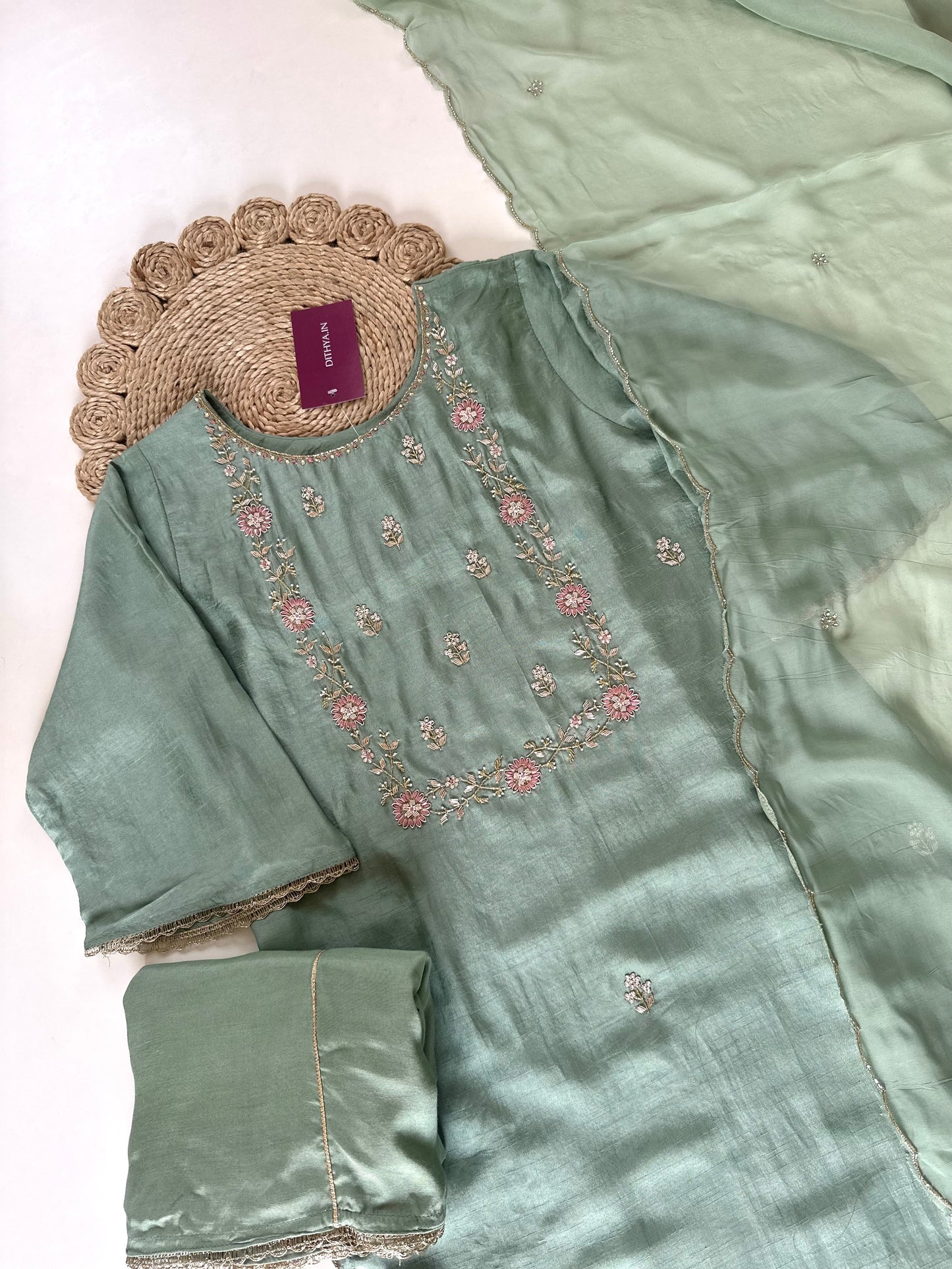 K326 - Handwork Russian silk kurti with palazzo and dupatta .