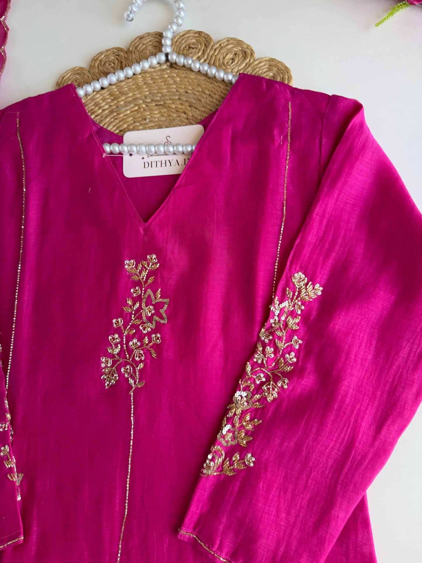 K616 - Mul chanderi handwork Aline Kurti with pants and dupatta