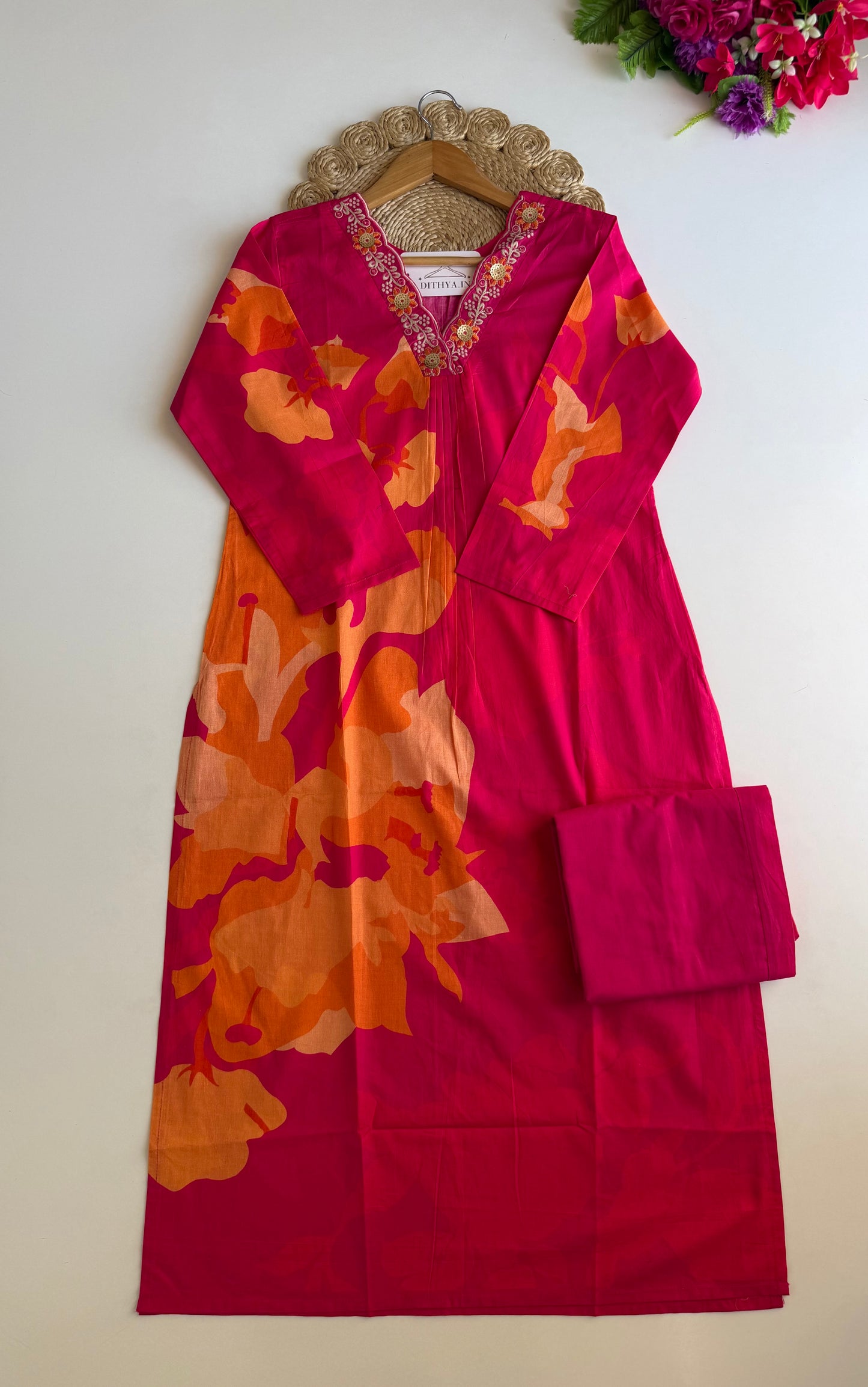 K639 - Mul cotton embroidered Aline Kurti with pants