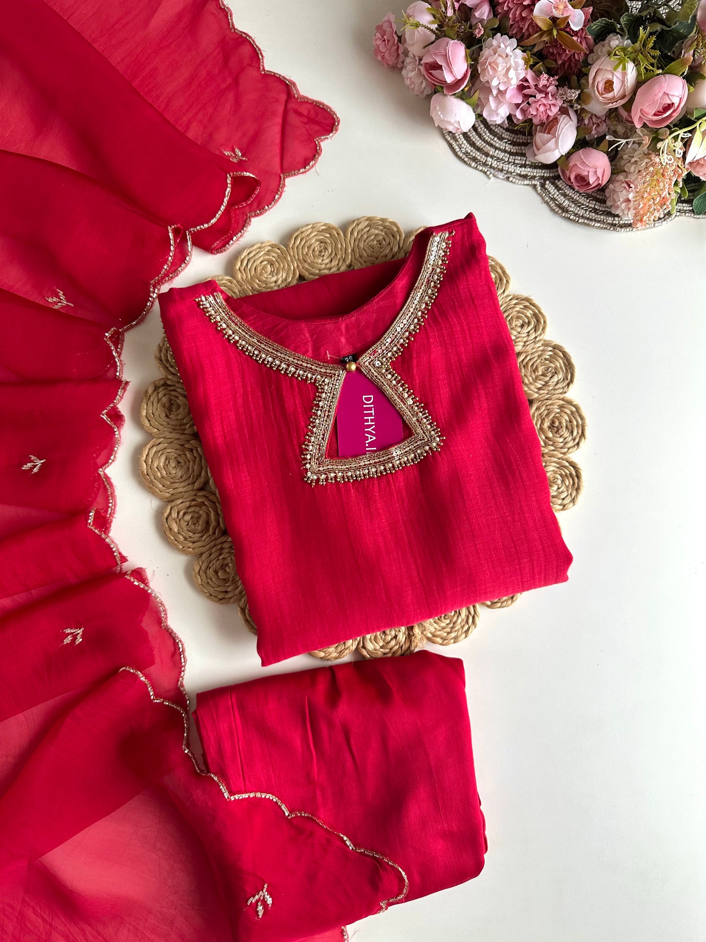K228 - Mul Chanderi handwork Aline Kurti with pants and dupatta