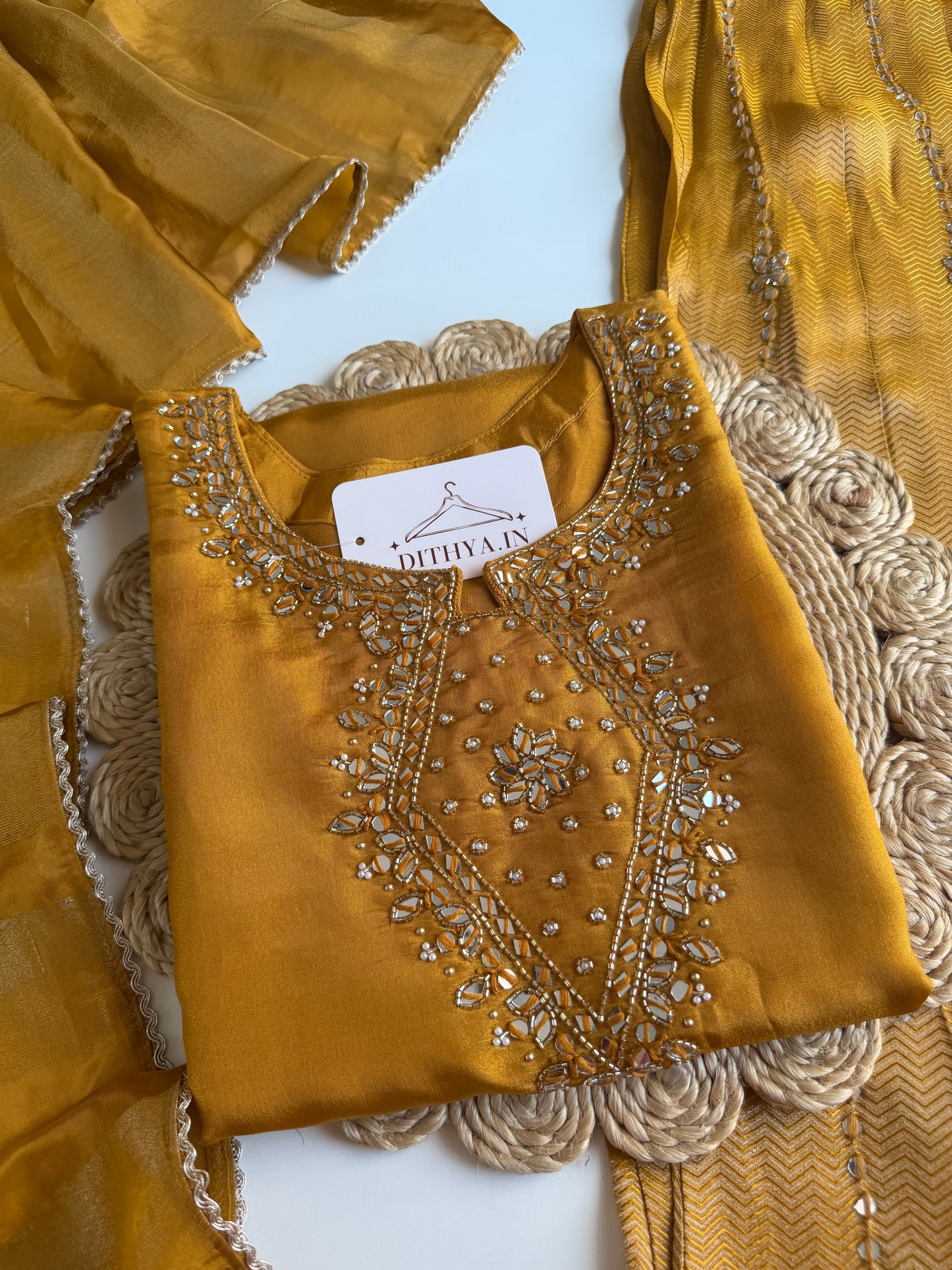 K553 - Tissue silk handwork short Kurti with divider pants and dupatta