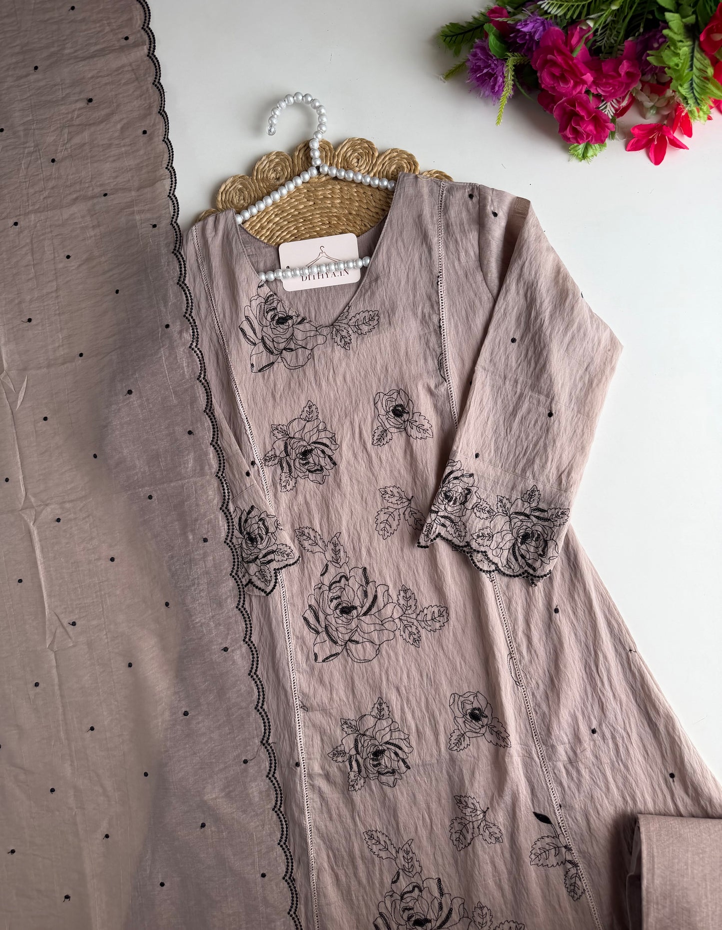 K028 - Crushed Surat Mul chanderi embroidered Aline Kurti with pants and dupatta