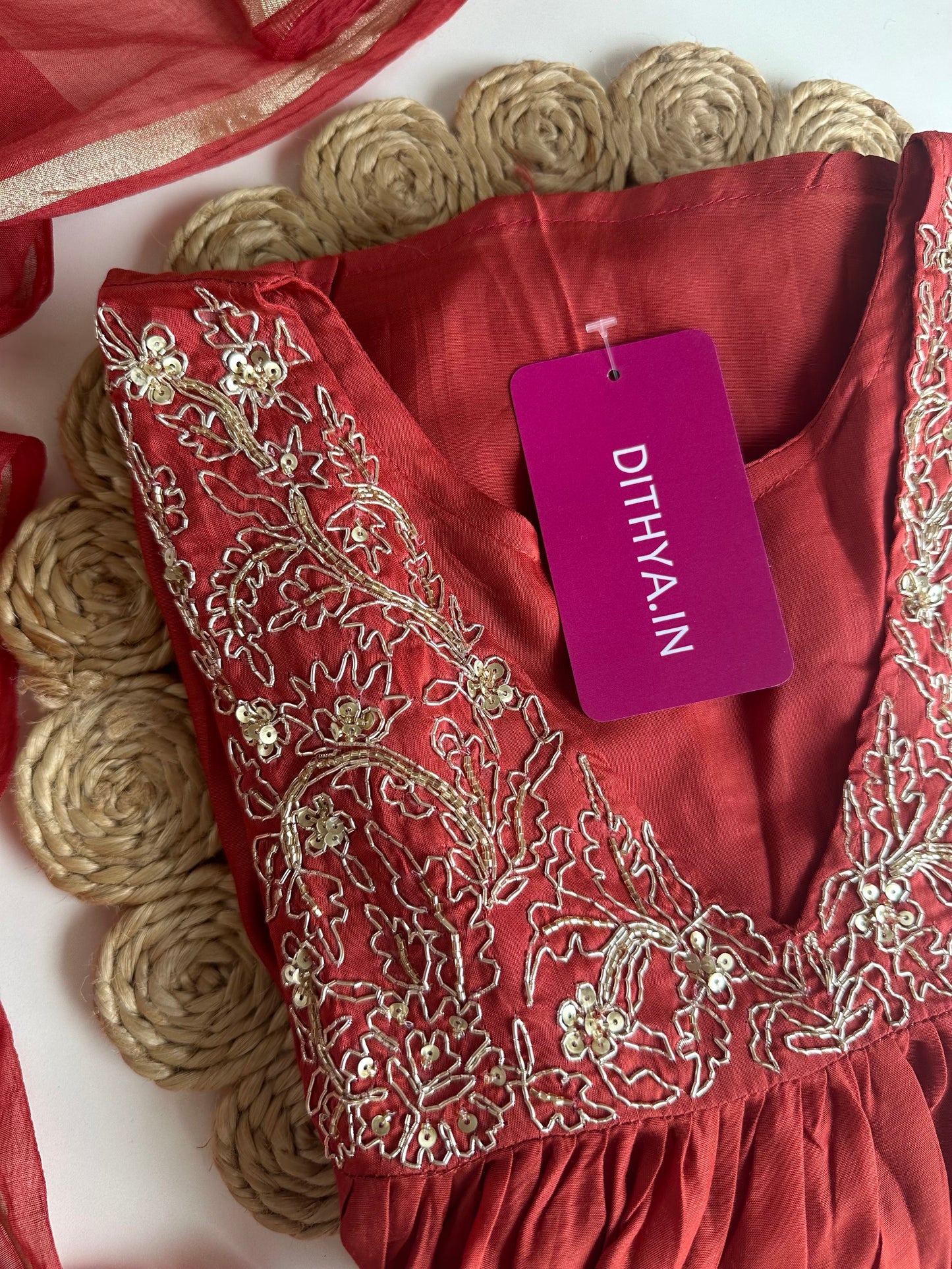 K235 - Mul Chanderi zari work Aline Kurti with pants and dupatta