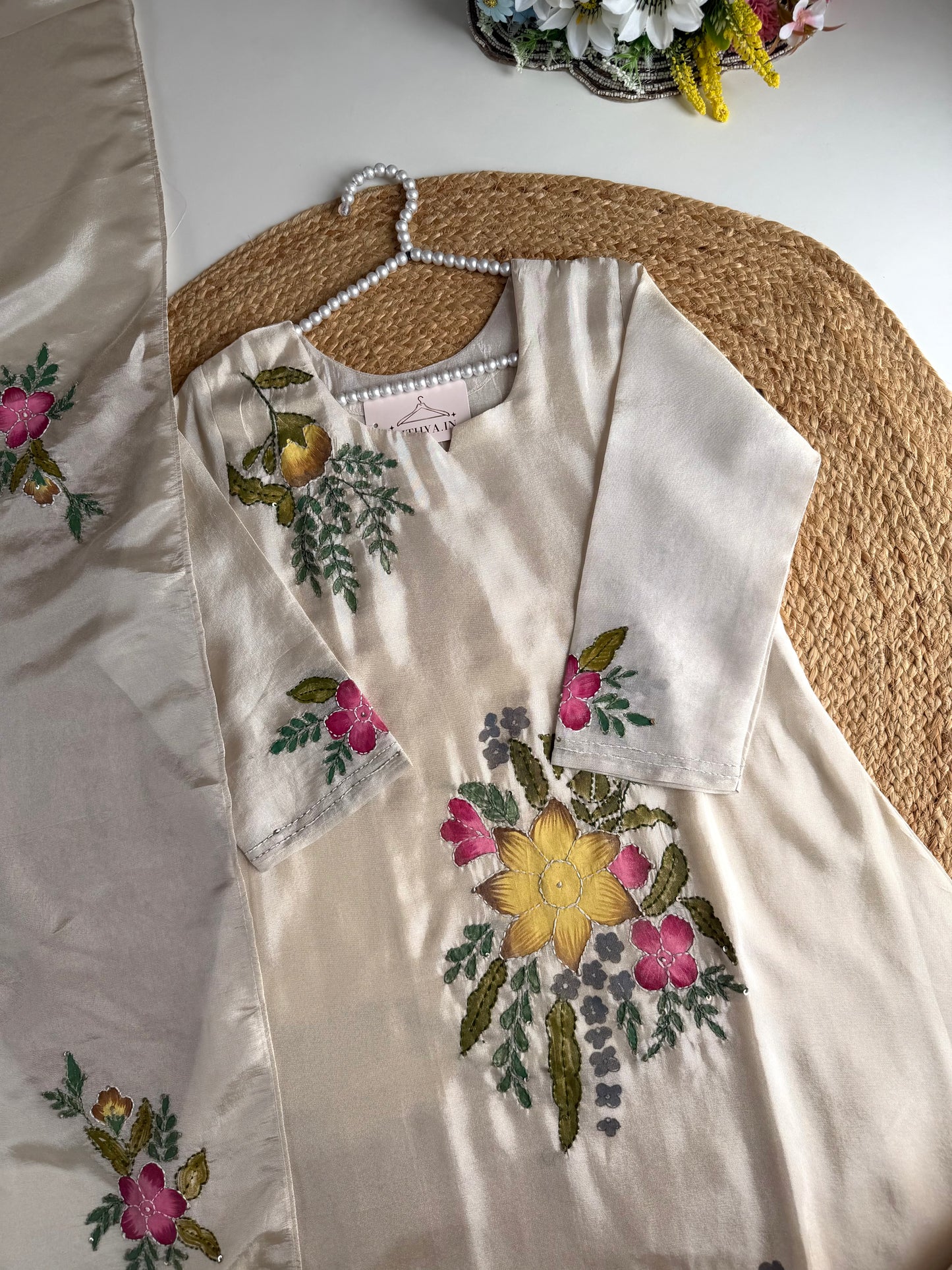 K543 - Tissue silk handwork Aline Kurti with pants and dupatta