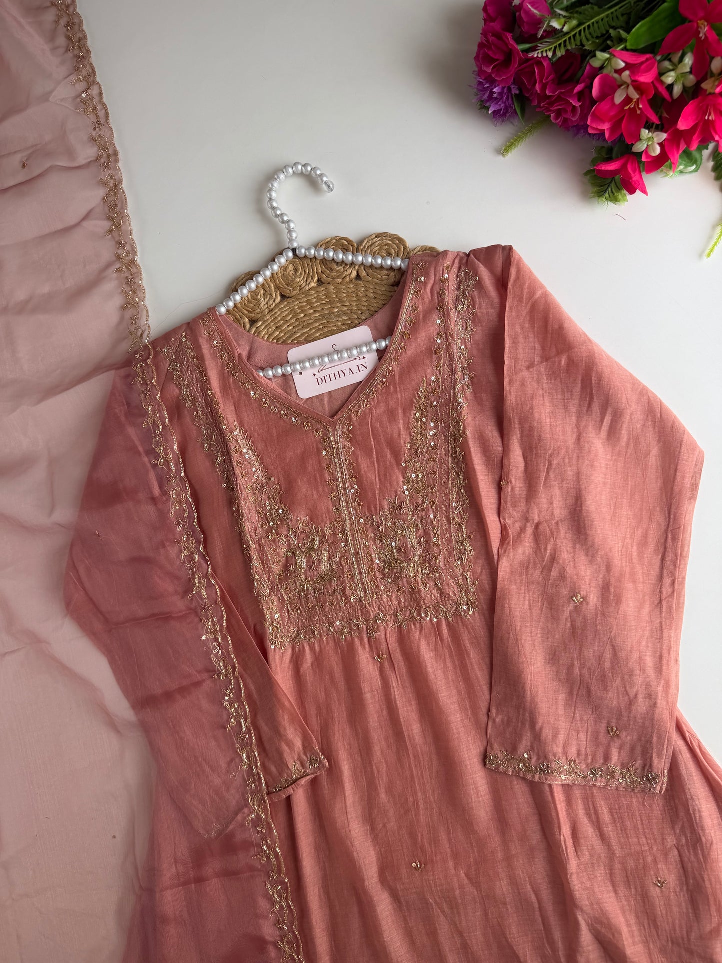 K372 - Mul chanderi handwork aline Kurti with pants and dupatta