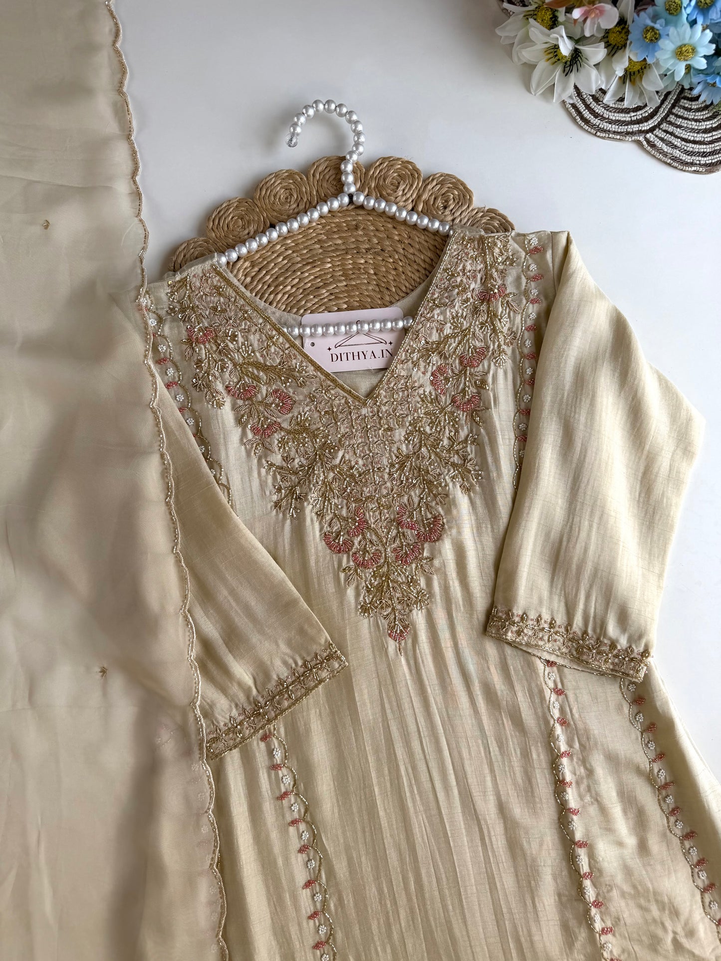 K628 - Russian silk handwork aline Kurti with pants and dupatta