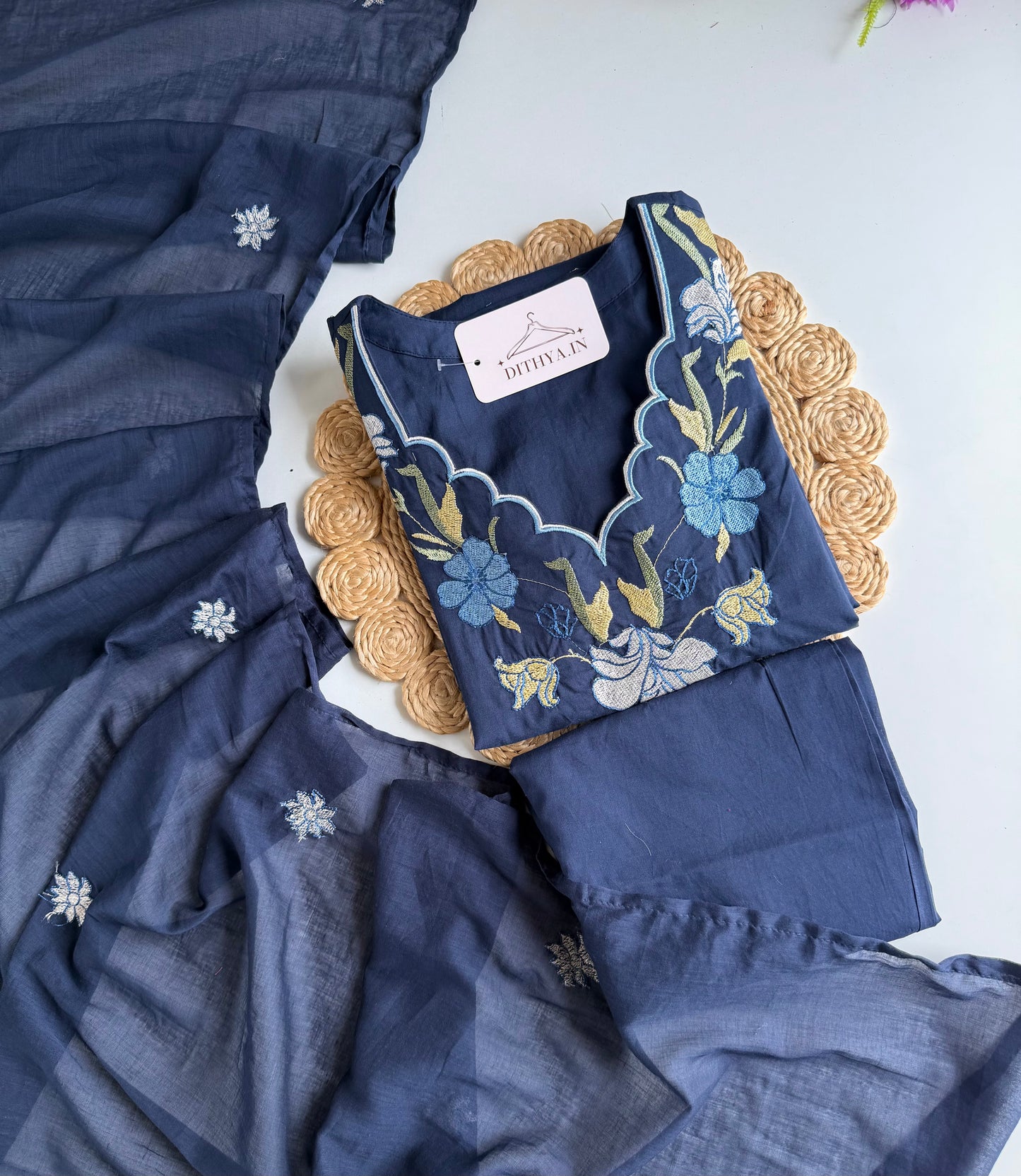 K687 - Mul cotton embroidered straight Kurti with pants and dupatta