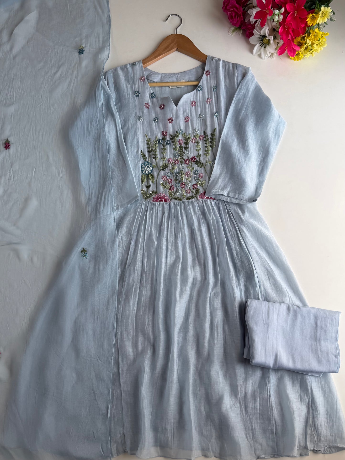 K594 - Mul chanderi hand embroidered Anarkali with pants and dupatta in 2 colours