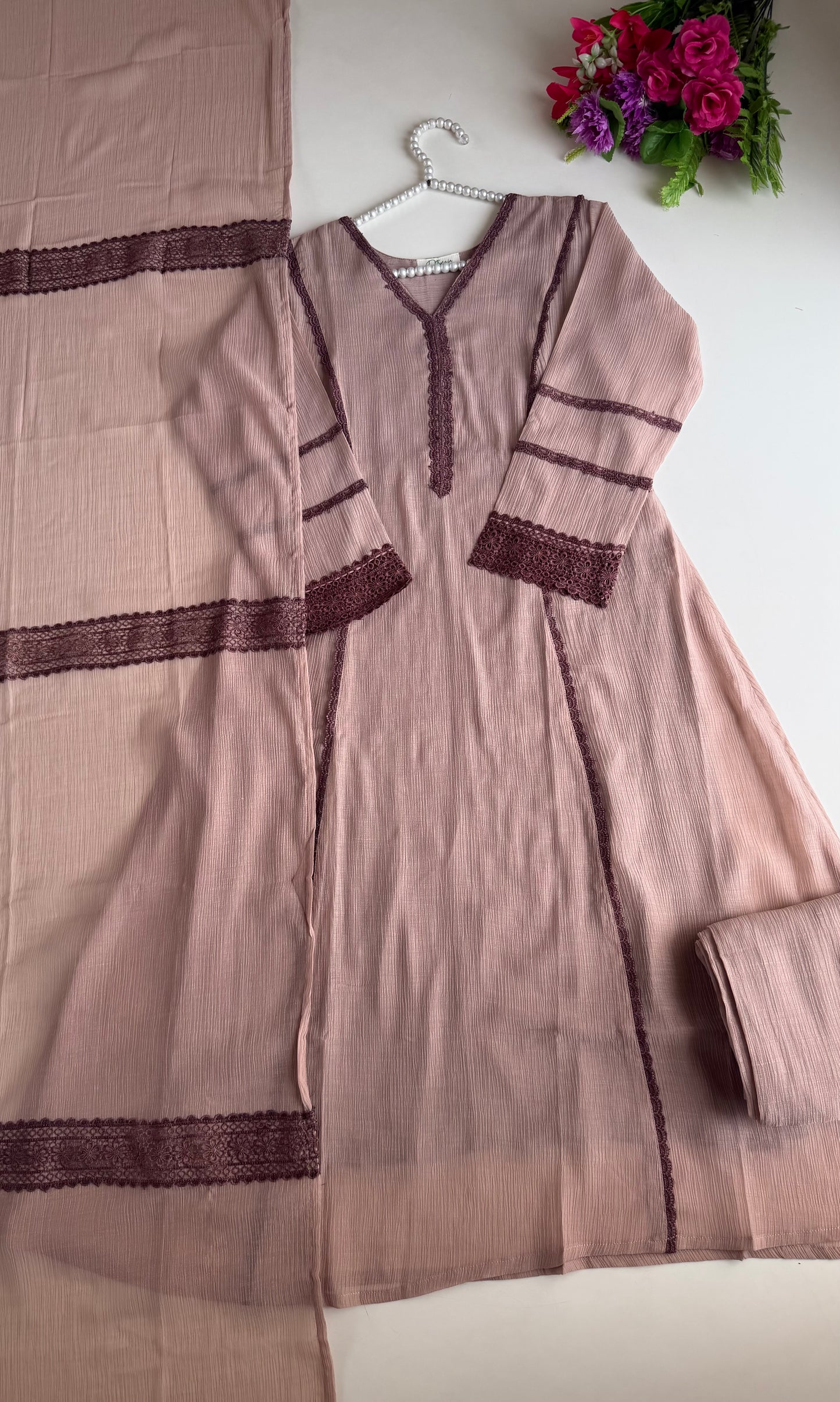 K515 - Crushed Mul cotton embroidered Aline Kurti with pants and dupatta in 2 colours