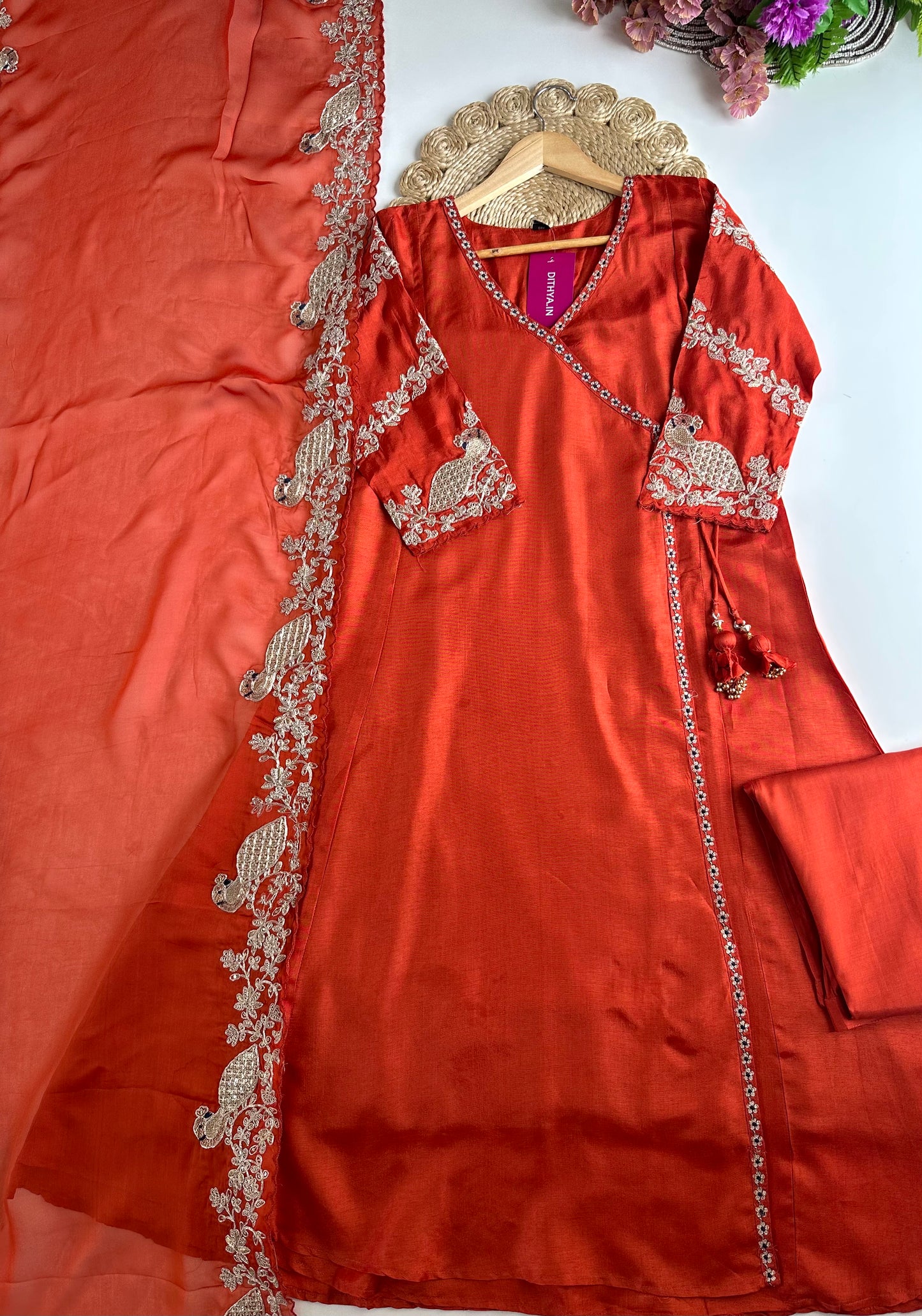 K035 - Russian silk zari work Angrakha Anarkali with pants and dupatta