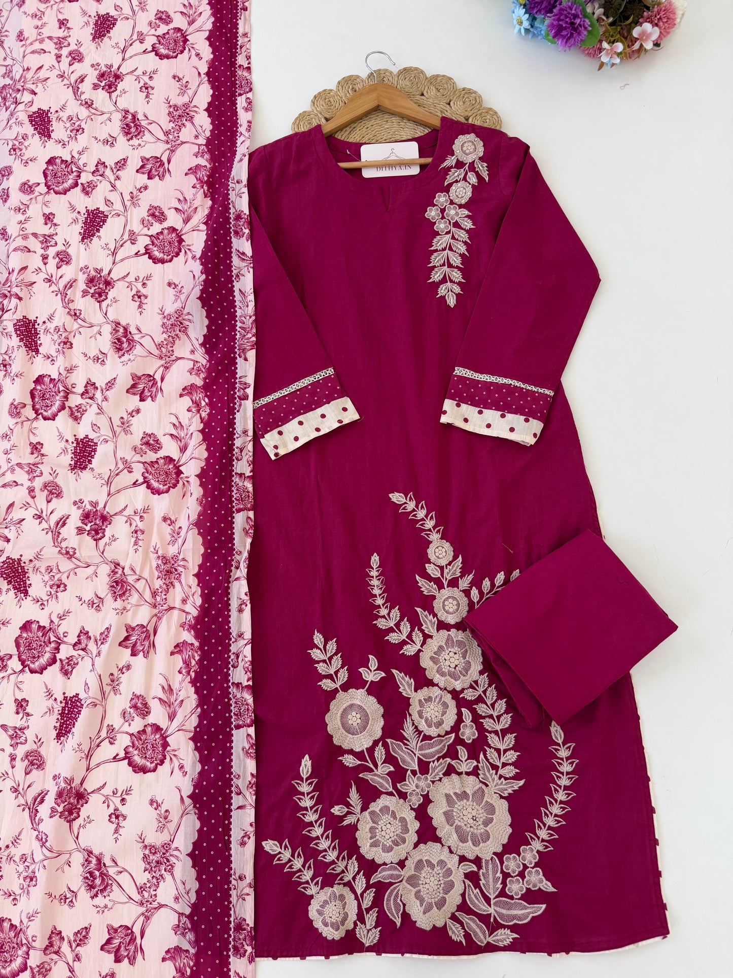 K594 - Mul cotton embroidered straight Kurti with pants and dupatta