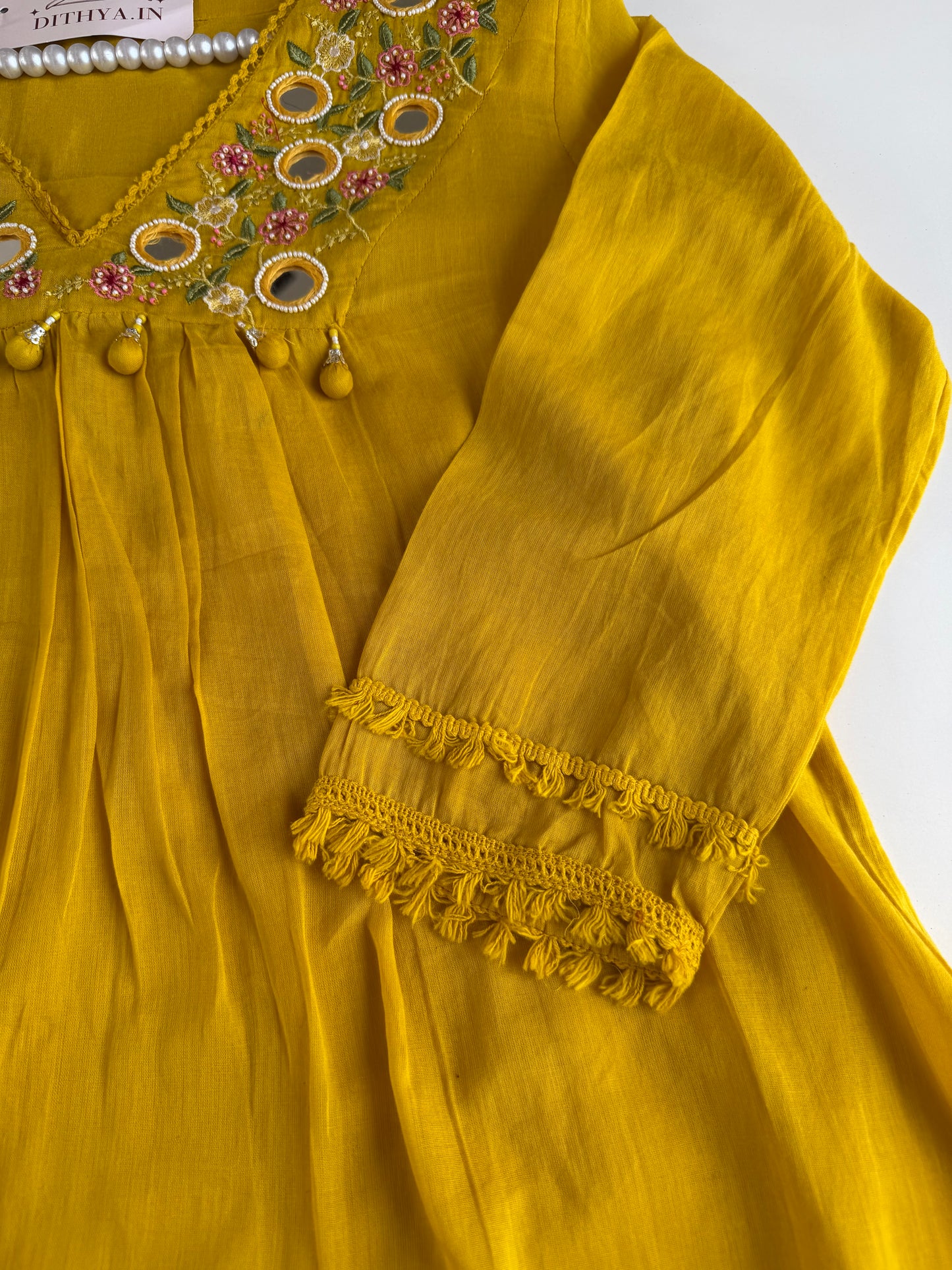 K631 - Mul cotton embroidered Aline Kurti with pants and dupatta